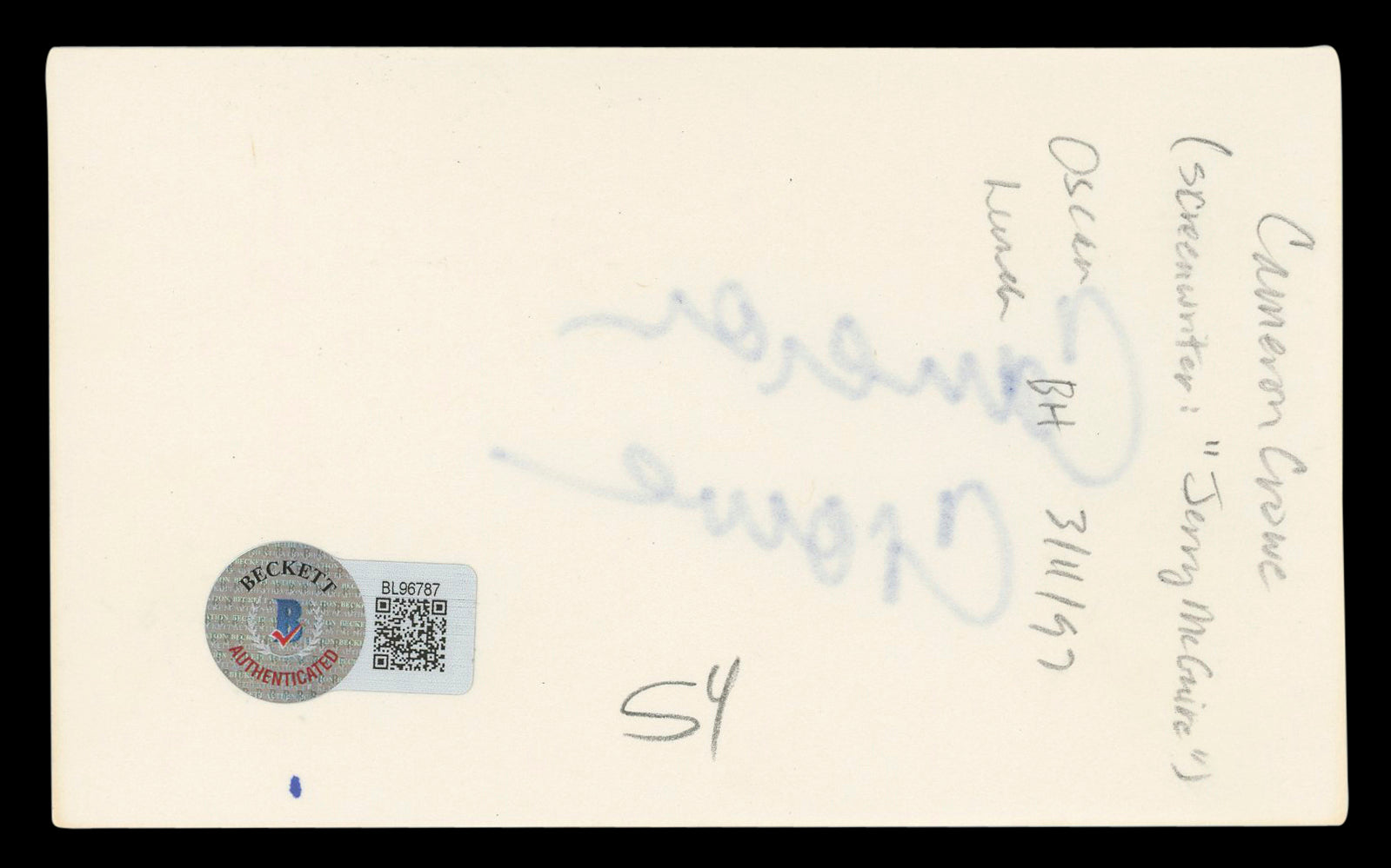 Cameron Crowe Jerry Maguire Authentic Signed 3x5 Index Card BAS #BL96787