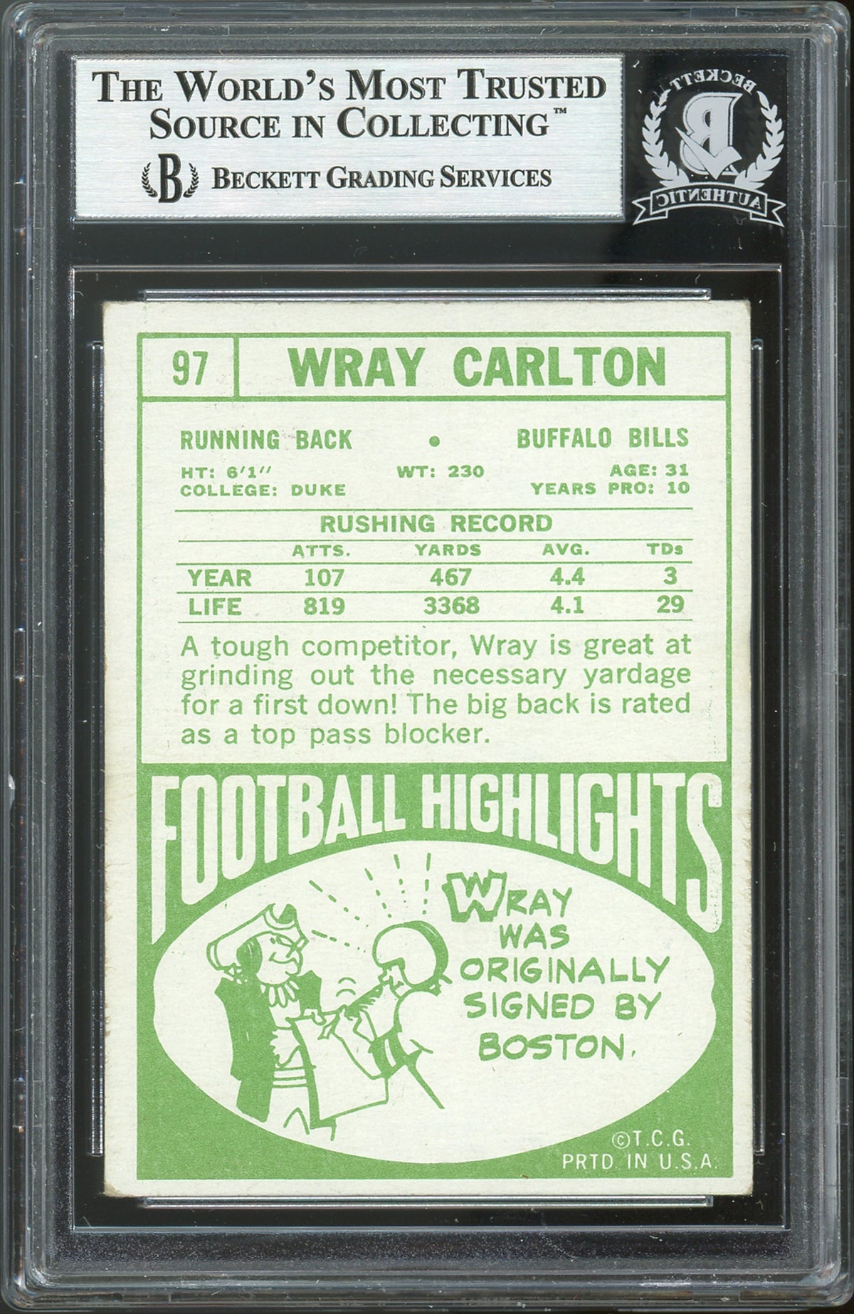 Bills Wray Carlton 2X Pro Bowl Authentic Signed 1968 Topps #97 Card BAS Slabbed