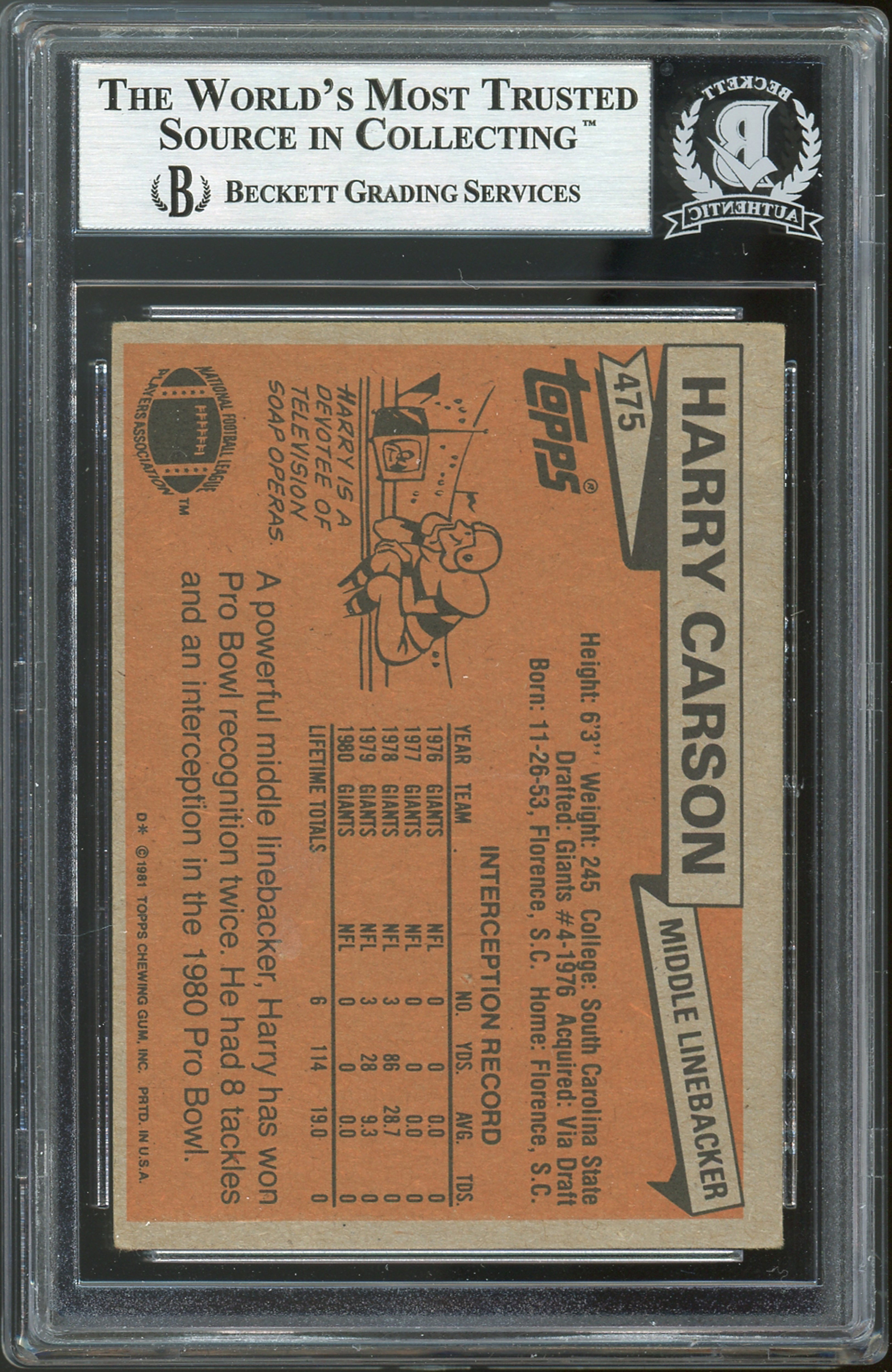 Giants Harry Carson Authentic Signed 1981 Topps #475 Card BAS Slabbed