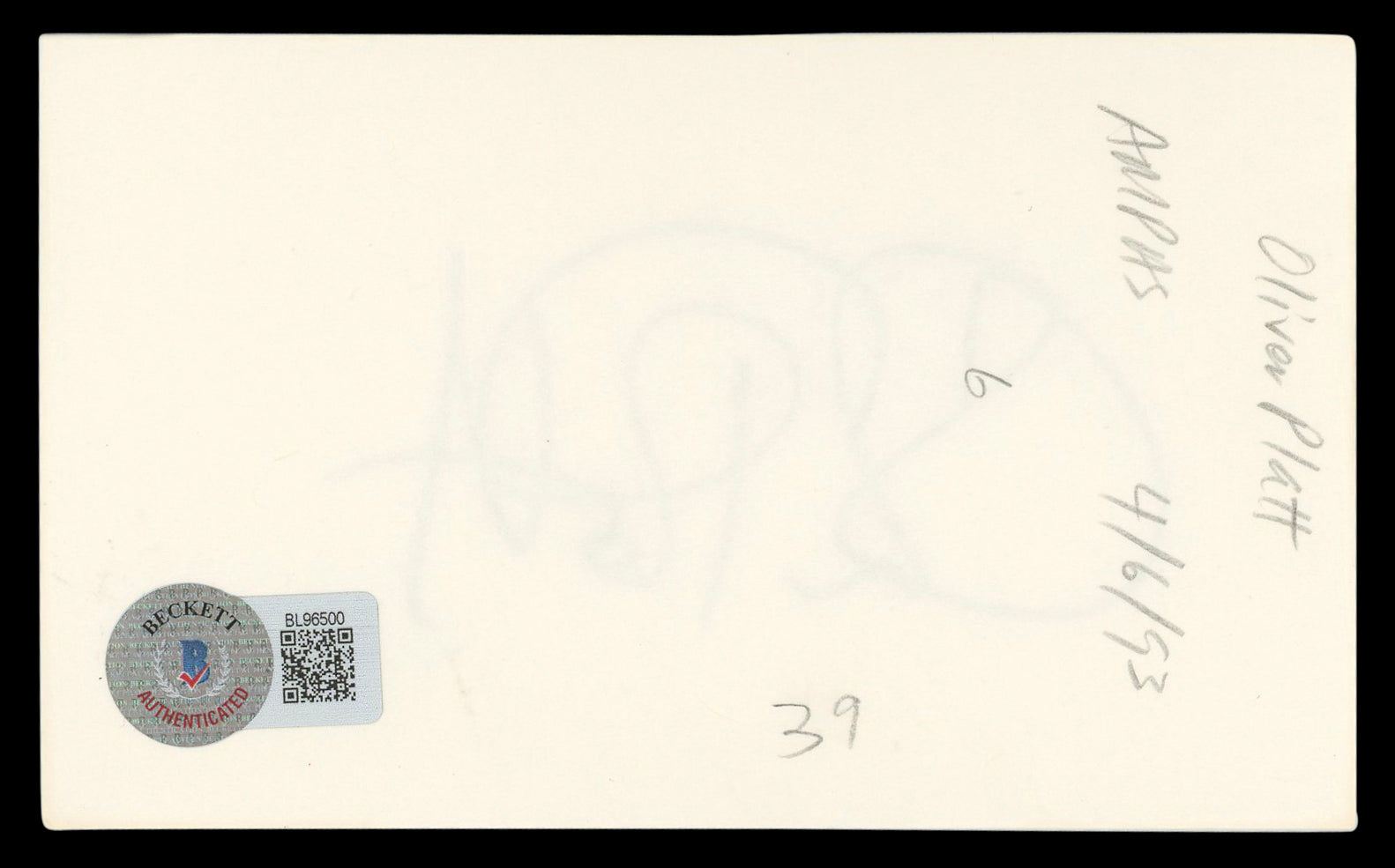 Oliver Platt The Bear Authentic Signed 3x5 Index Card Autographed BAS #BL96500