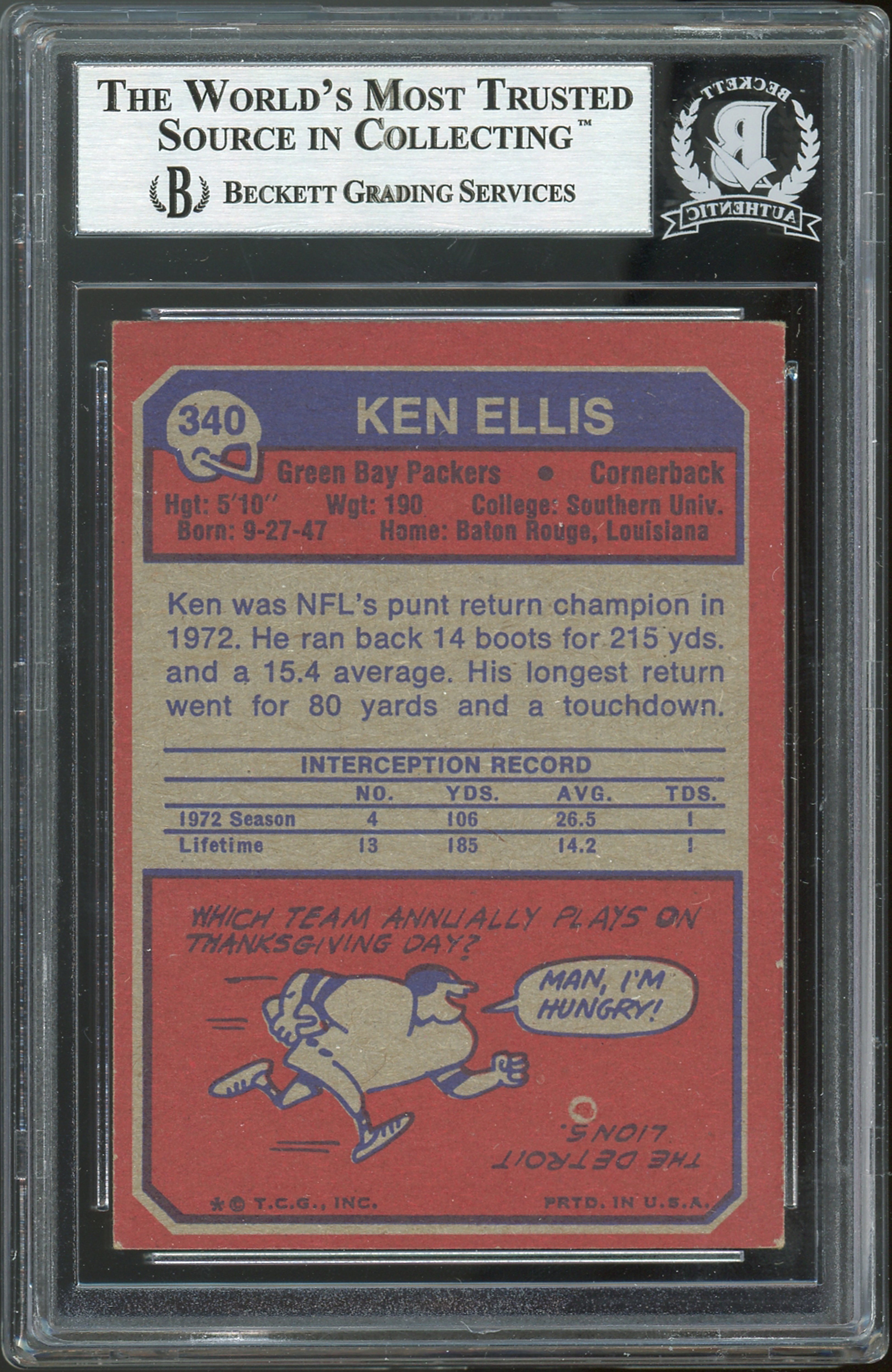Packers Ken Ellis Authentic Signed 1973 Topps #340 Card BAS Slabbed