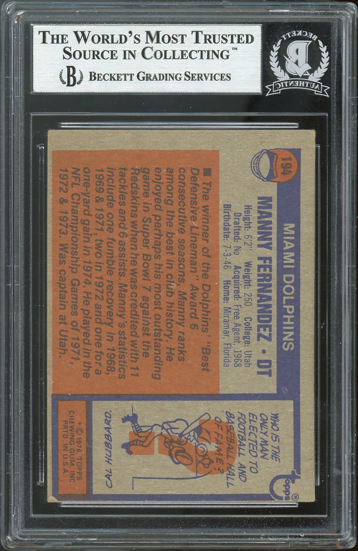 Dolphins Manny Fernandez 17-0 Perfect Season Signed 76 Topps #194 Card BAS Slab