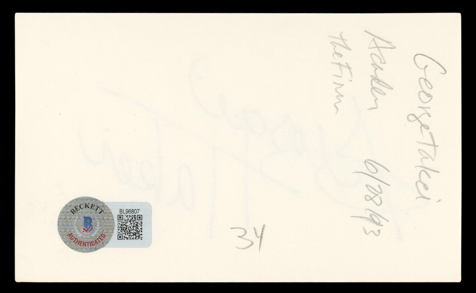 George Takei Star Trek: The Original Series Signed 3x5 Index Card BAS #BL96807
