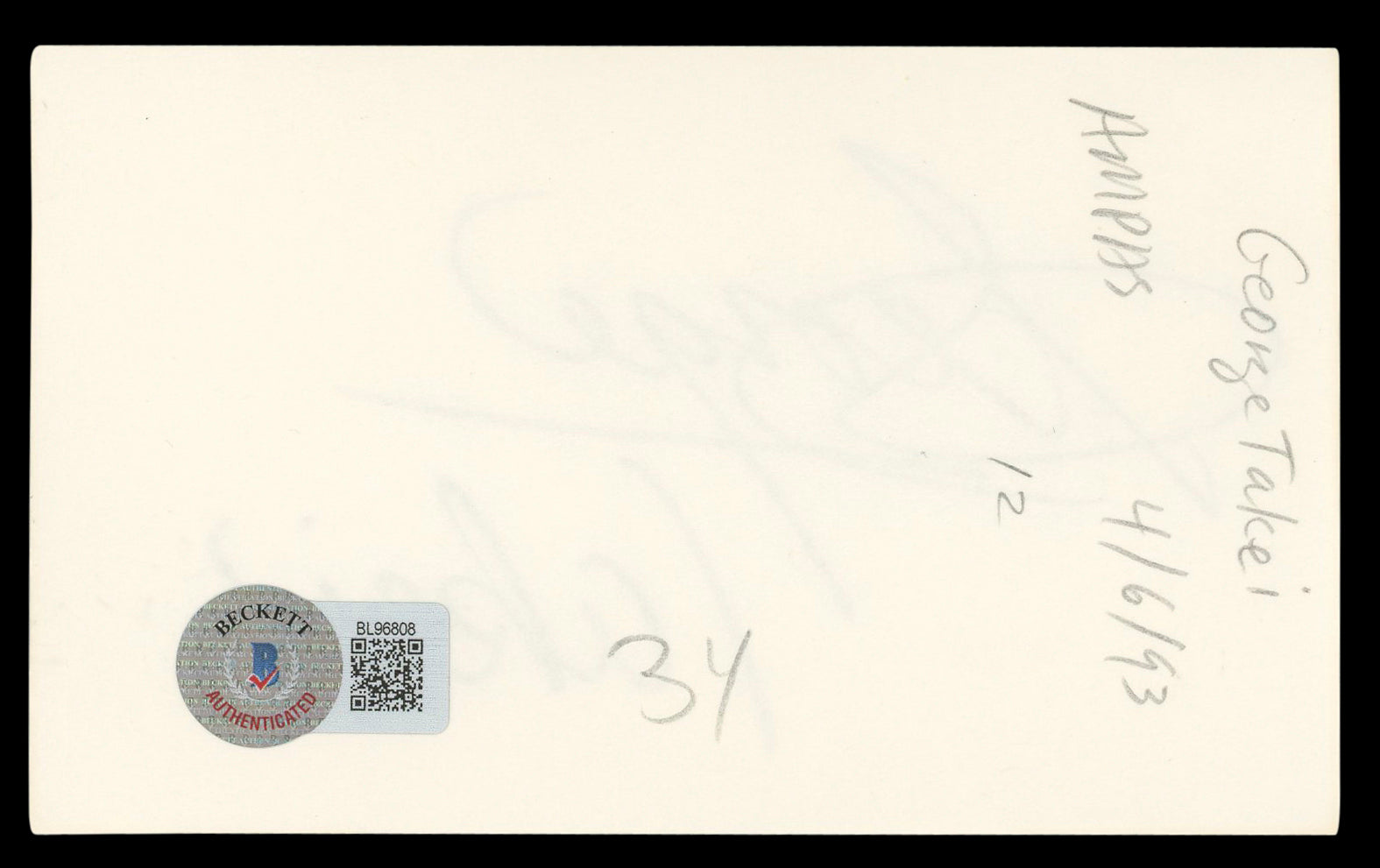 George Takei Star Trek: The Original Series Signed 3x5 Index Card BAS #BL96808
