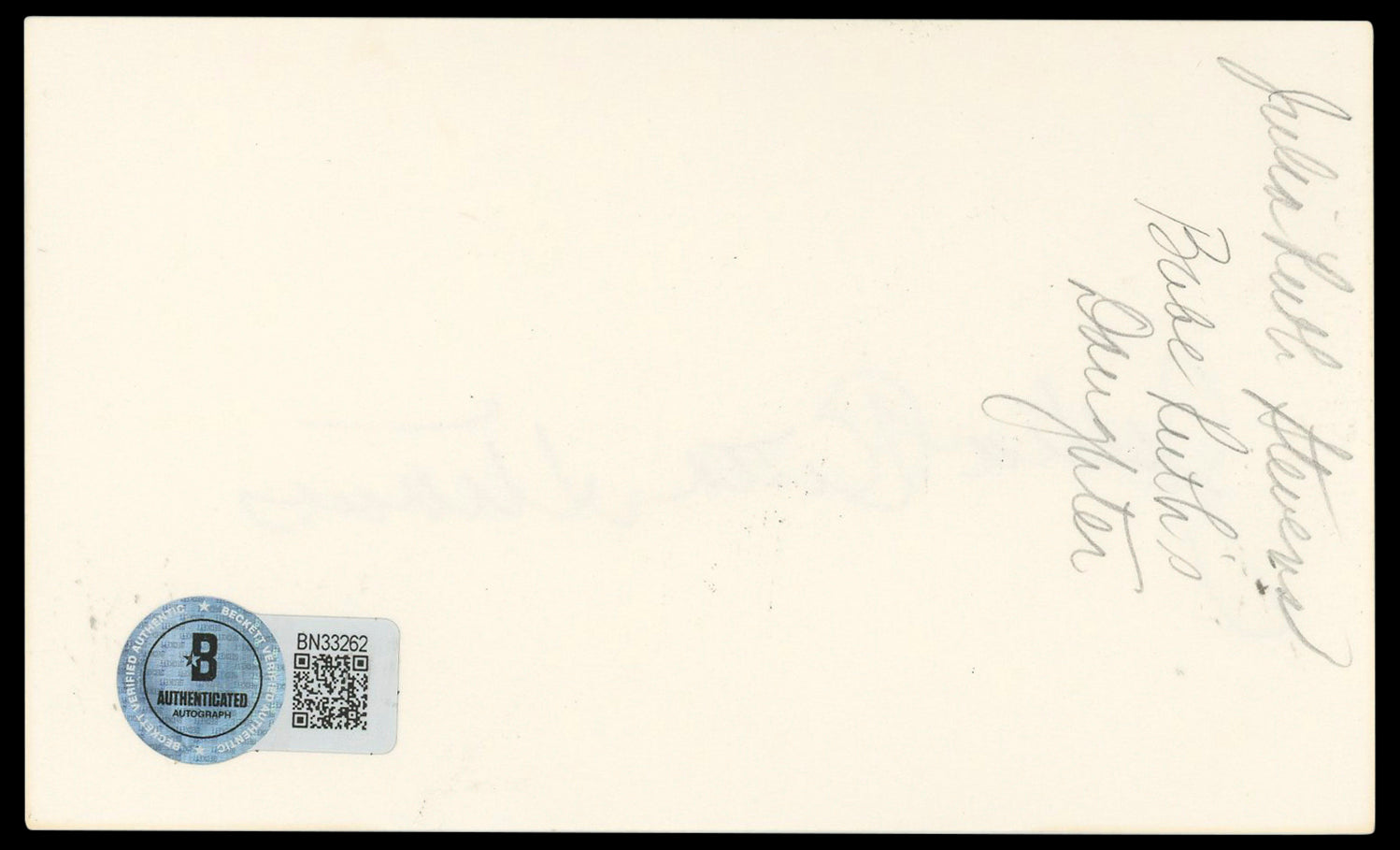 Julia Ruth Stevens Authentic Signed 3x5 Index Card Autographed BAS #BN33262