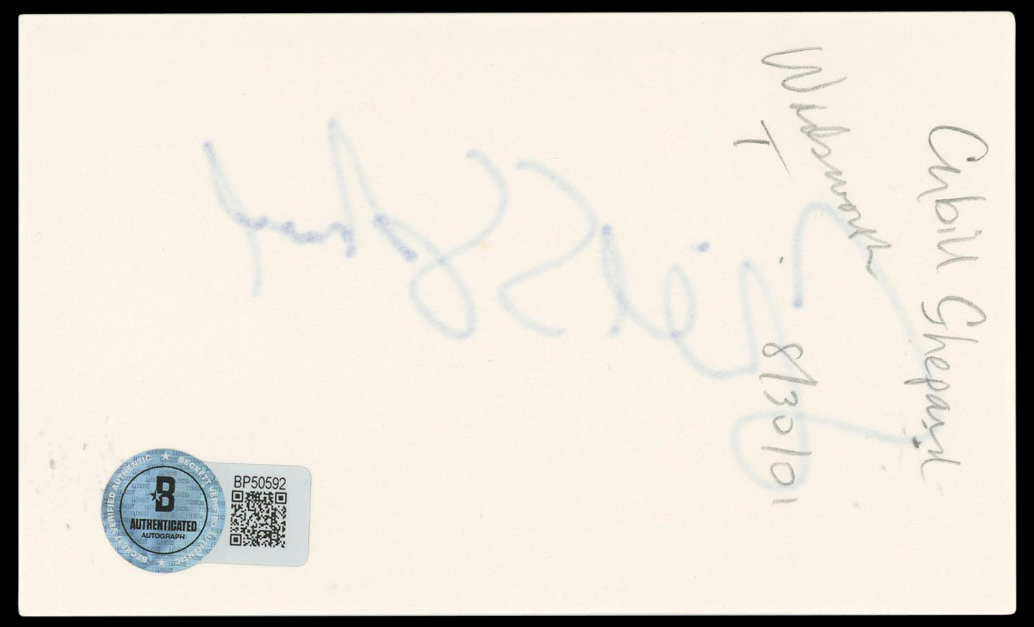Cybill Shepherd Moonlighting Authentic Signed 3x5 Index Card BAS #BP50592
