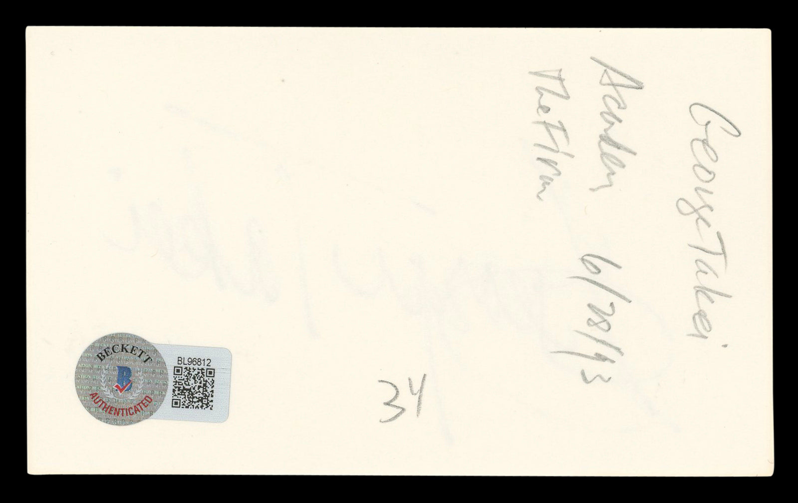George Takei Star Trek: The Original Series Signed 3x5 Index Card BAS #BL96812