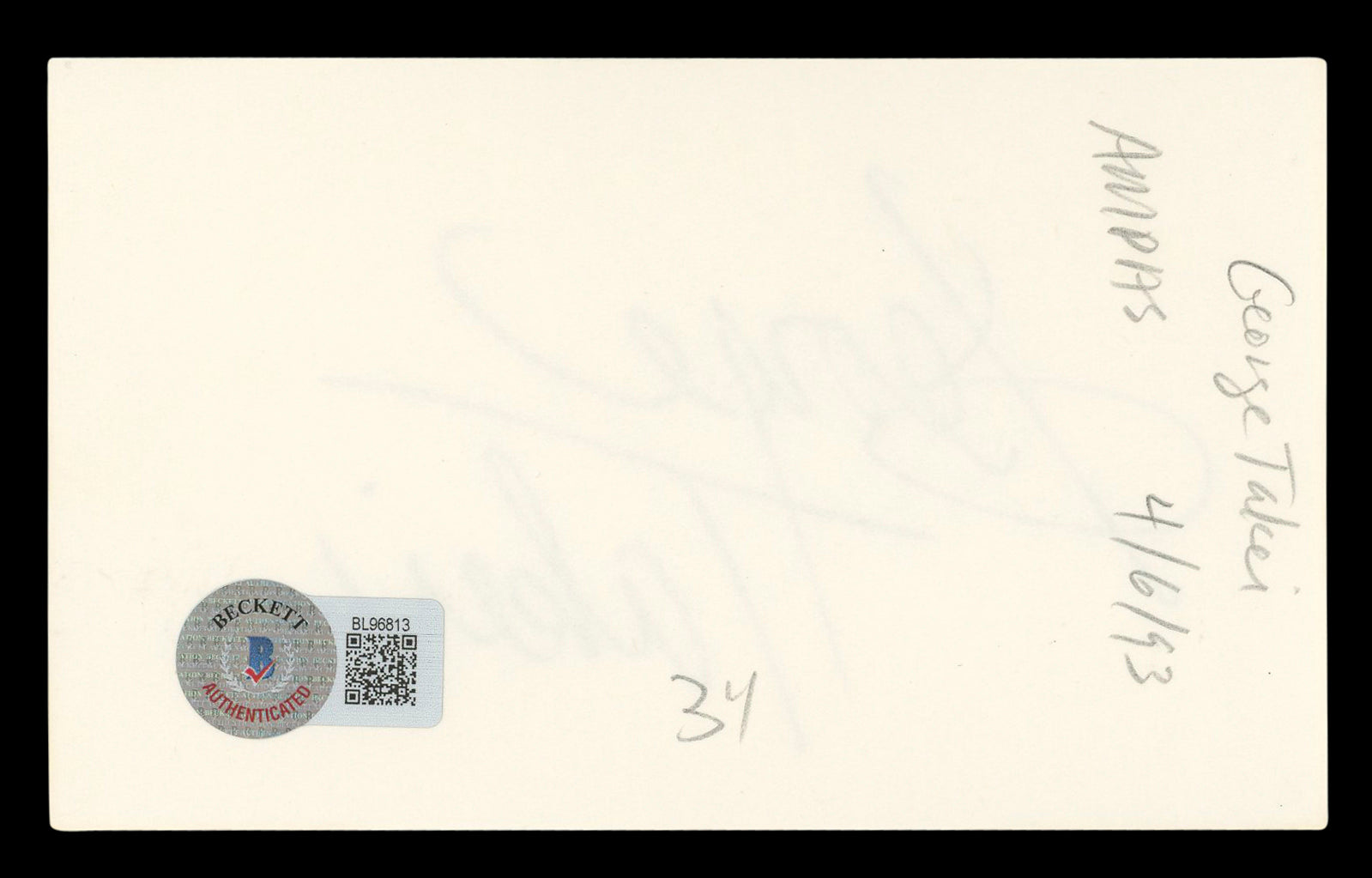 George Takei Star Trek: The Original Series Signed 3x5 Index Card BAS #BL96813