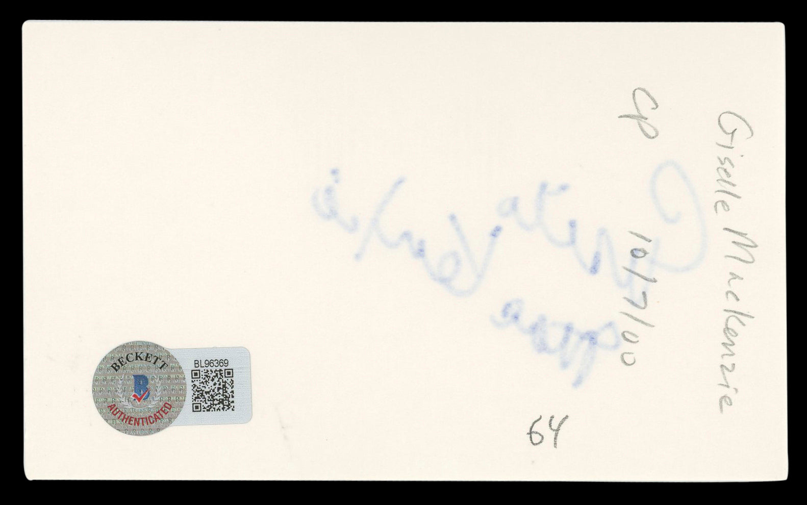 Gisele MacKenzie Your Hit Parade Authentic Signed 3x5 Index Card BAS #BL96369