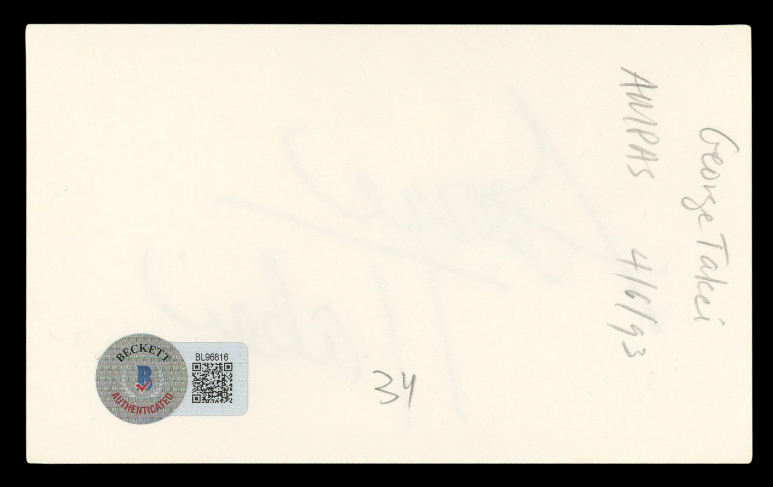 George Takei Star Trek: The Original Series Signed 3x5 Index Card BAS #BL96816