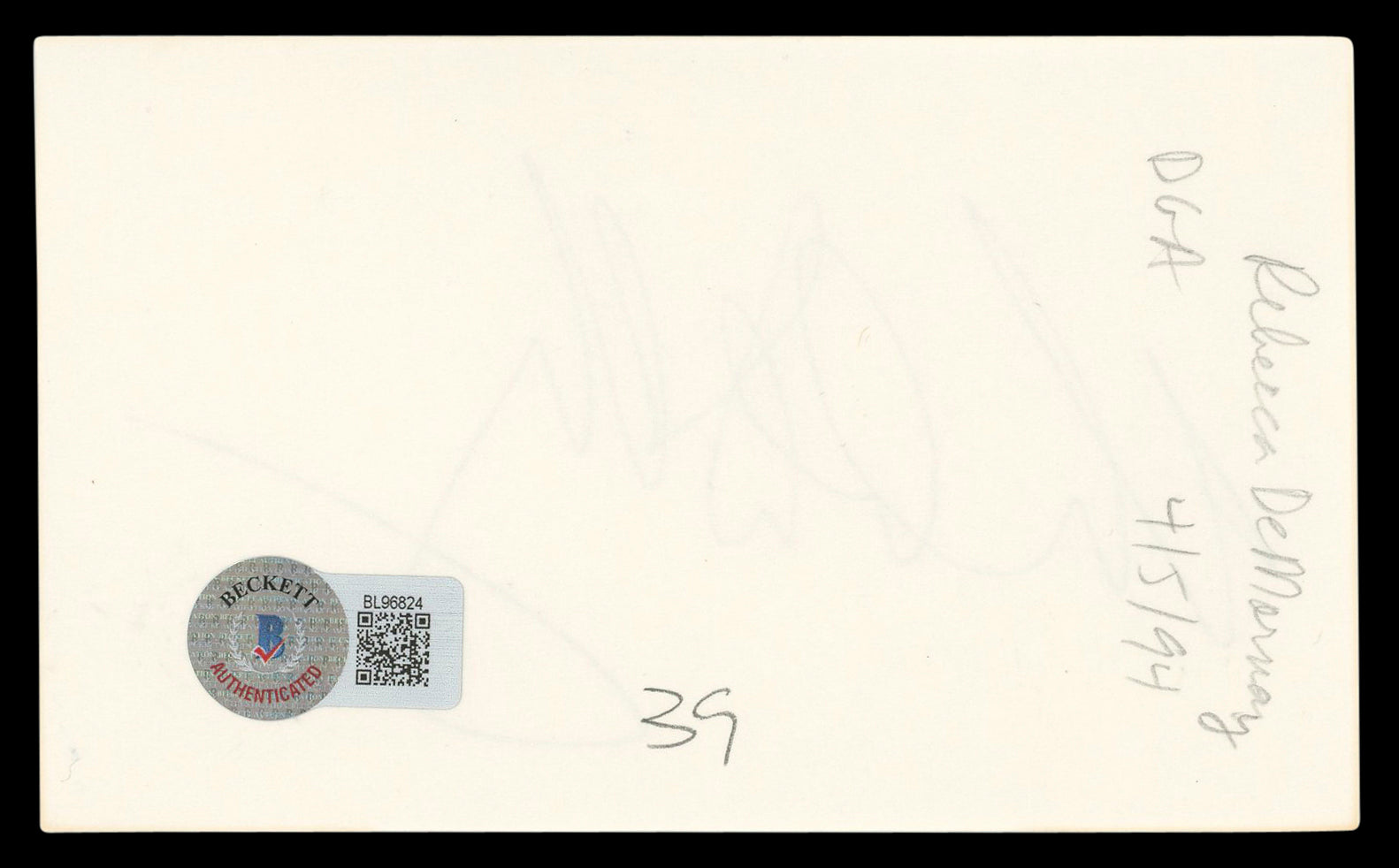 Rebecca De Mornay Risky Business Authentic Signed 3x5 Index Card BAS #BL96824