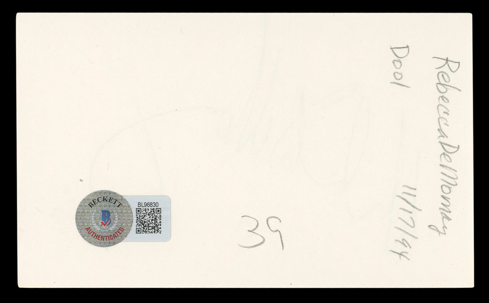 Rebecca De Mornay Risky Business Authentic Signed 3x5 Index Card BAS #BL96830