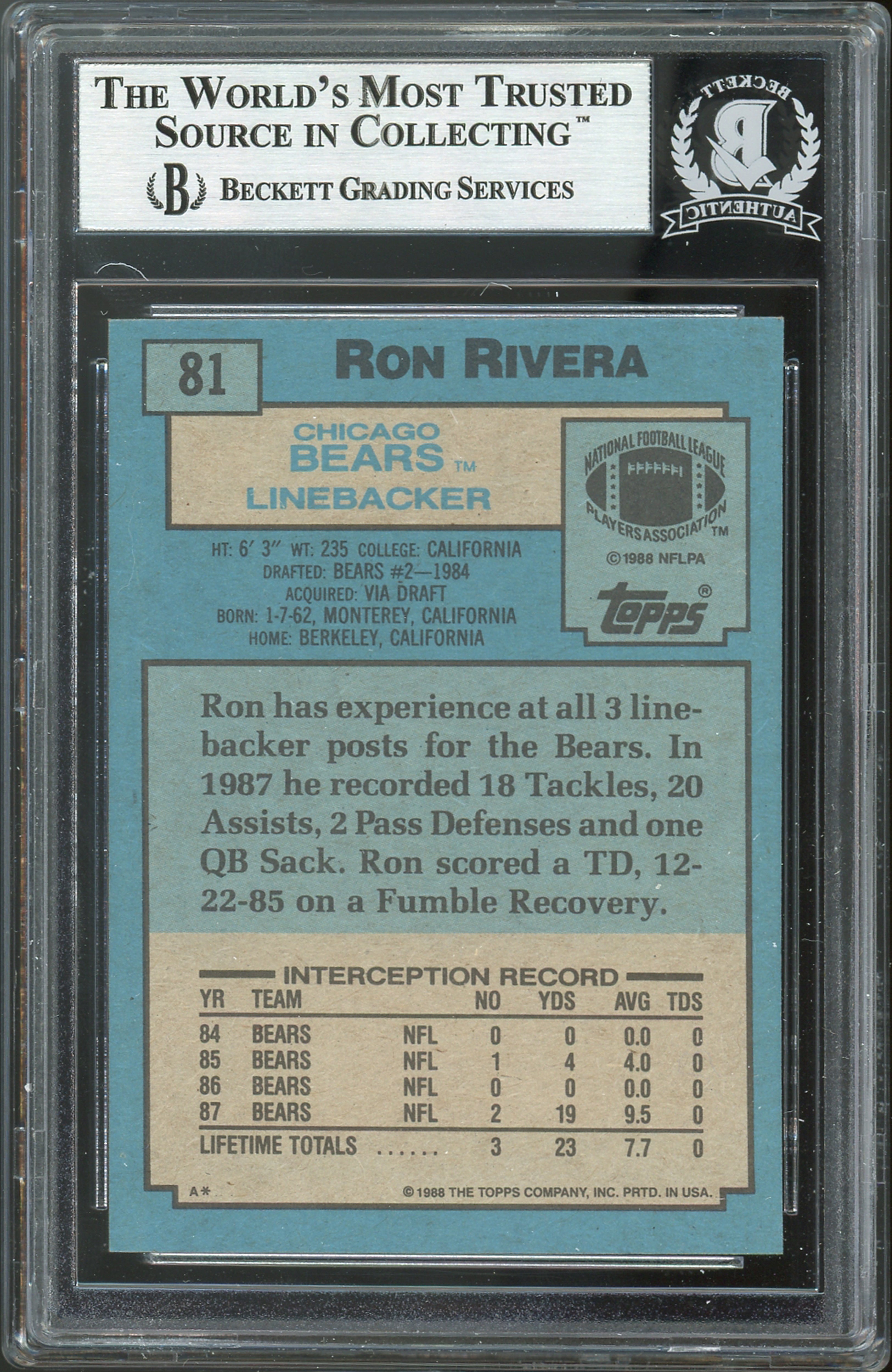 Bears Ron Rivera Authentic Signed 1988 Topps #81 Card Autographed BAS Slabbed
