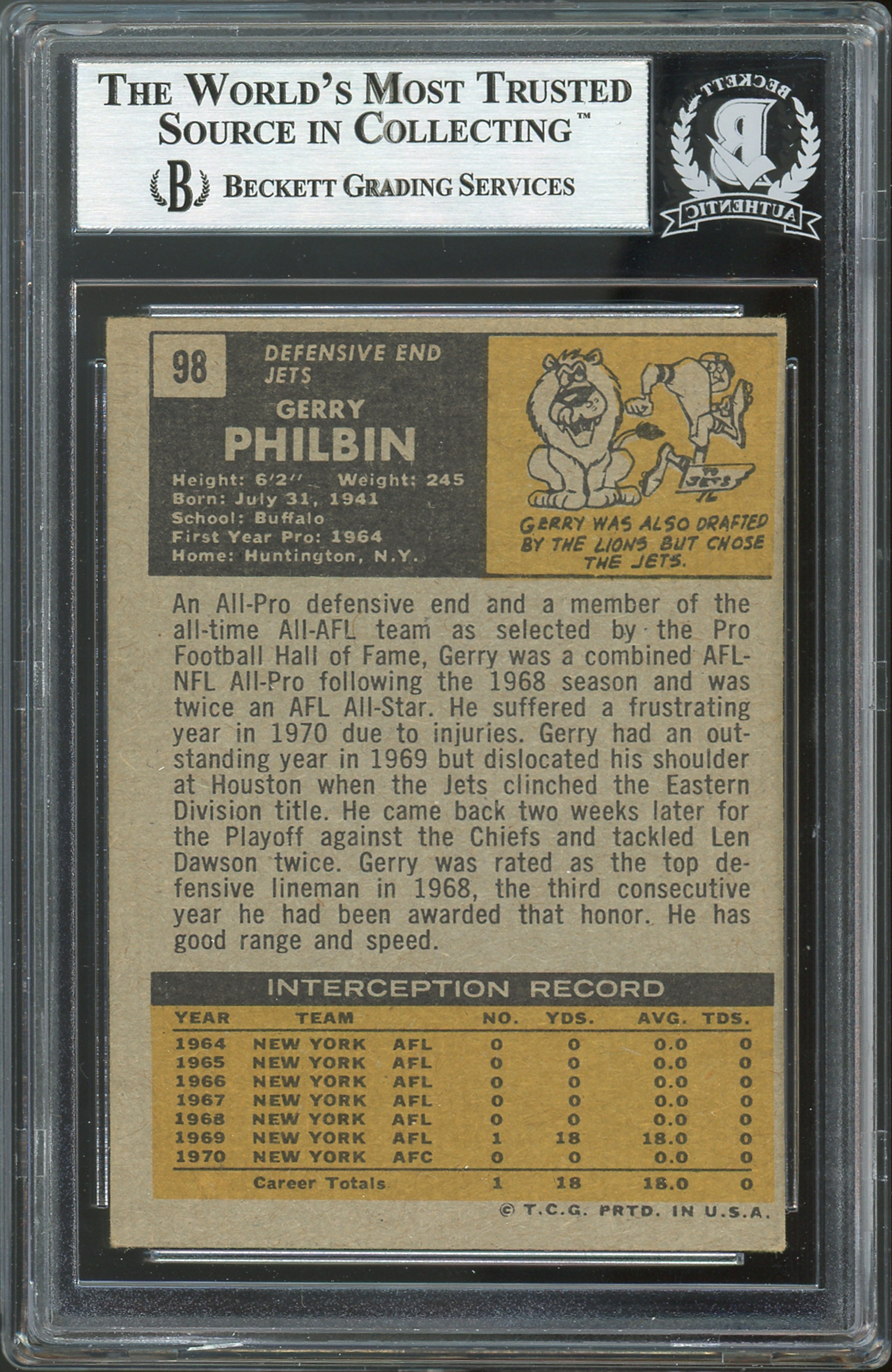 Jets Gerry Philbin Authentic Signed 1971 Topps #98 Card Autographed BAS Slabbed