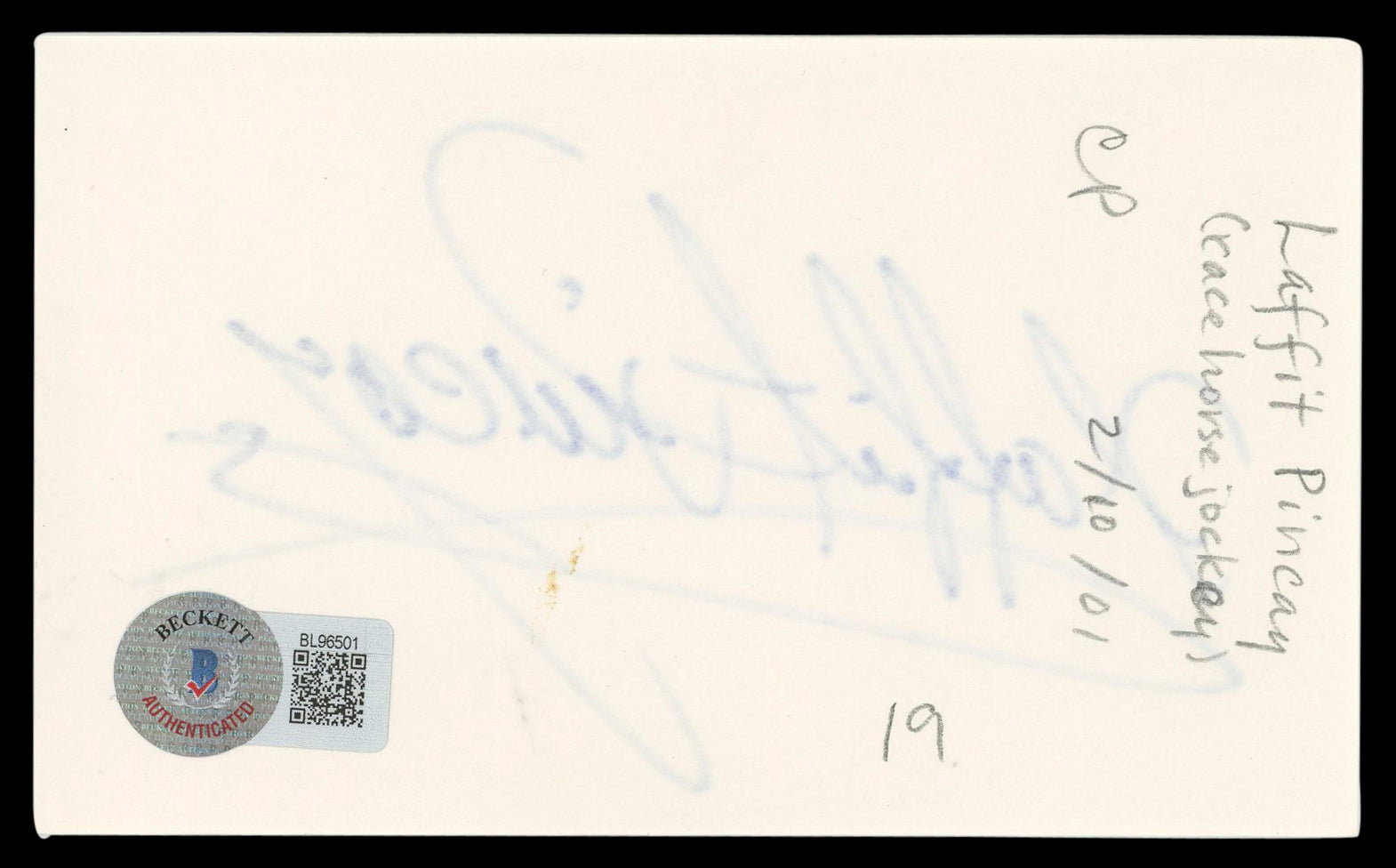 Laffit Pincay Jr. Authentic Signed 3x5 Index Card Autographed BAS #BL96501