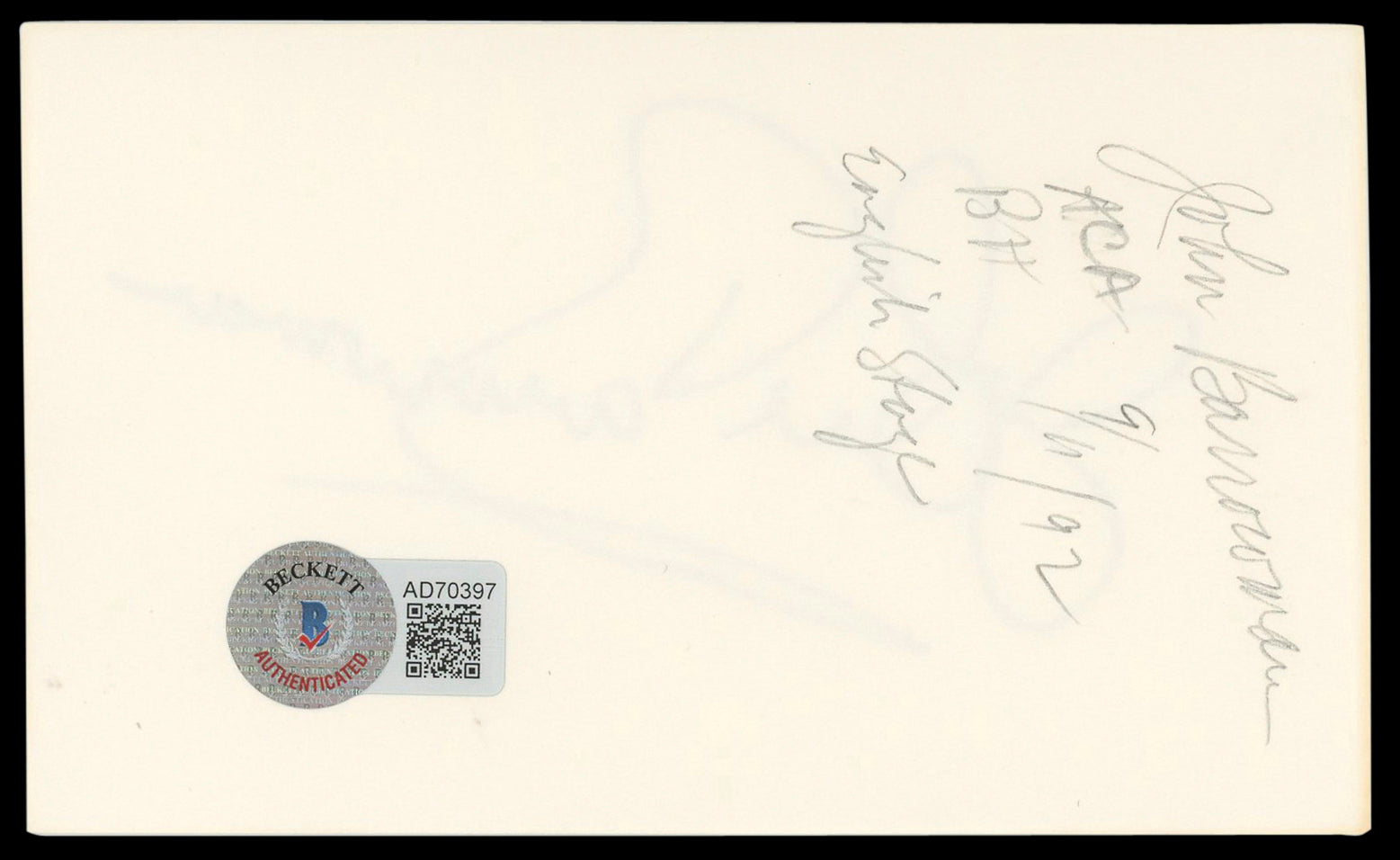 John Barrowman Doctor Who Signed 3x5 Index Card Autographed BAS #AD70397