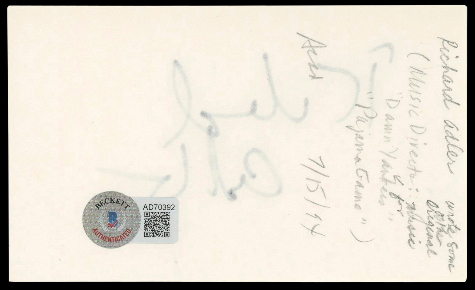 Richard Adler Musician Authentic Signed 3x5 Index Card Autographed BAS #AD70392