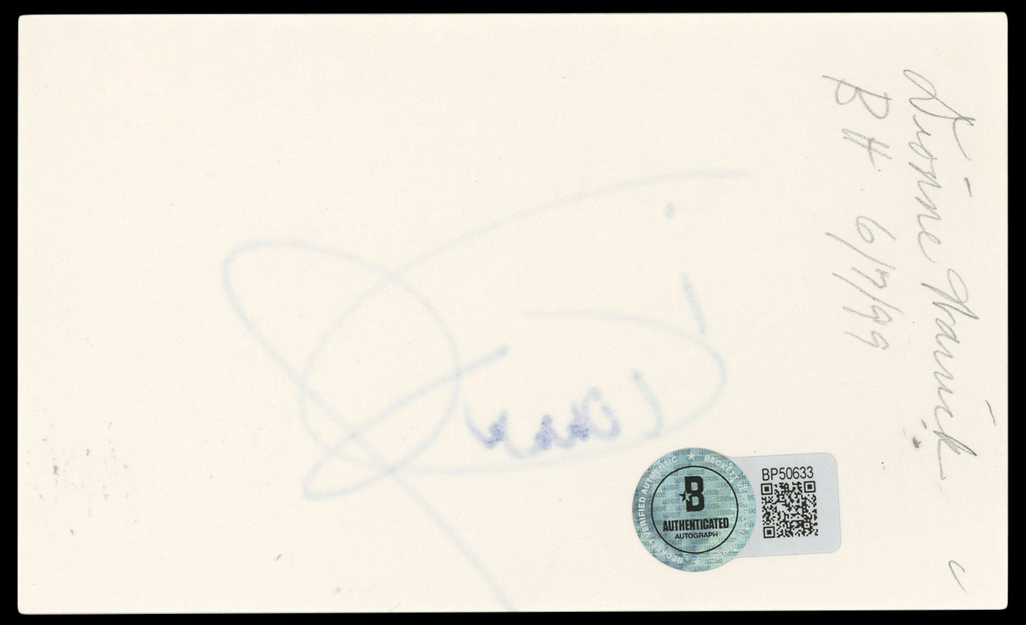 Dionne Warwick Authentic Signed 3x5 Index Card Autographed BAS #BP50633