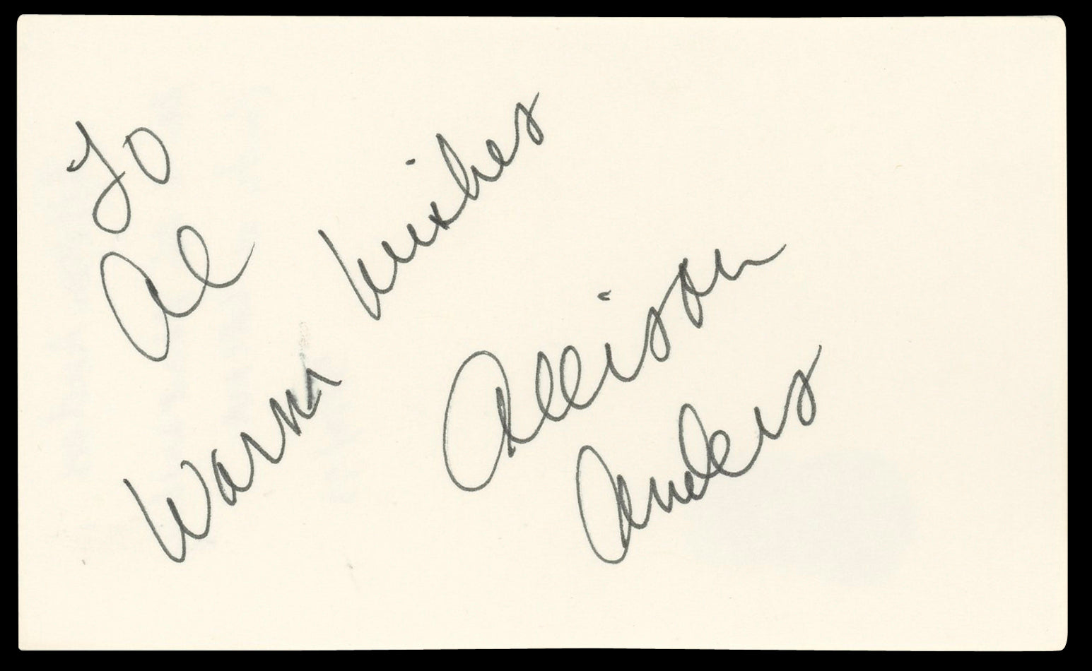 Allison Anders Four Rooms "To Al warm wishes" Signed 3x5 Index Card BAS #AD70389