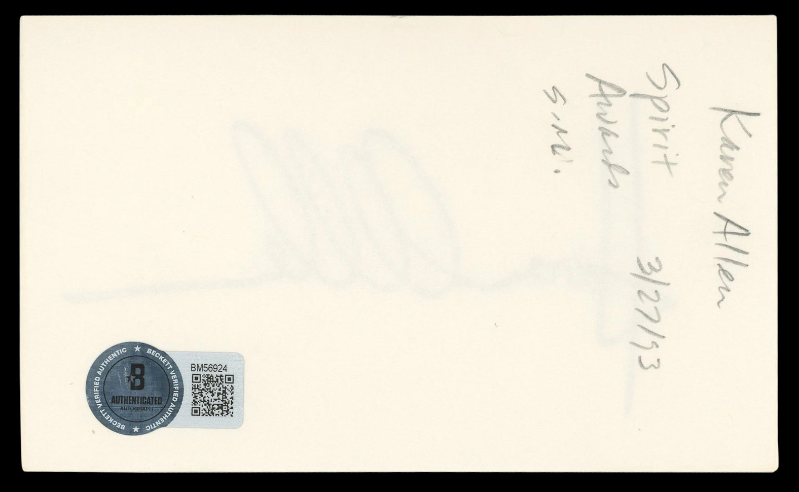 Karen Allen Raiders of the Lost Ark Authentic Signed 3x5 Index Card BAS #BM56924