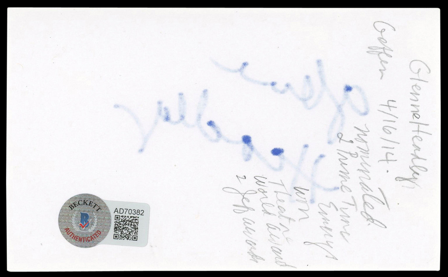Glenne Headly Dick Tracy Signed 3x5 Index Card Autographed BAS #AD70382