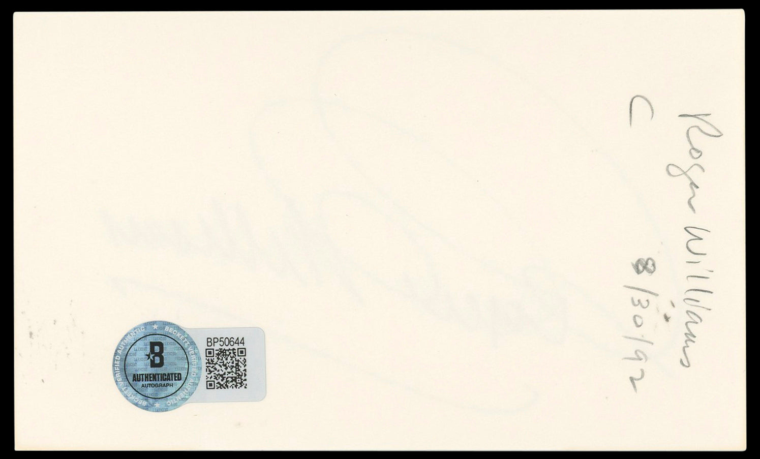 Roger Williams Pianist Authentic Signed 3x5 Index Card Autographed BAS #BP50644