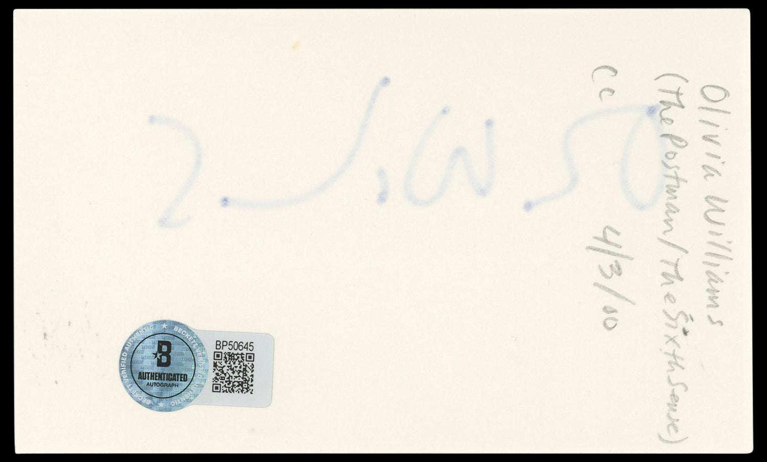 Olivia Williams The Sixth Sense Authentic Signed 3x5 Index Card BAS #BP50645