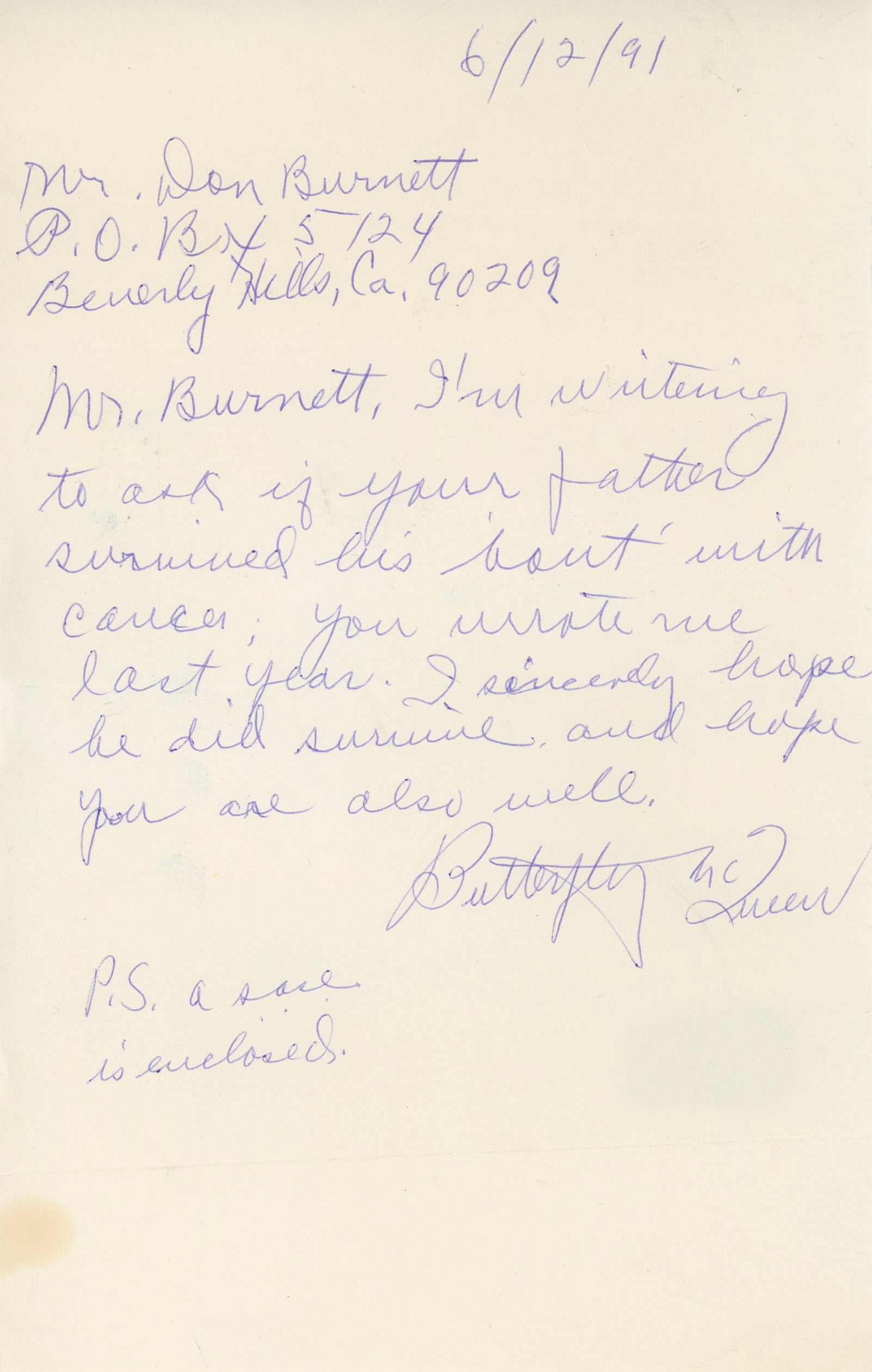 Butterfly McQueen Gone w/ the Wind Signed 5x8.5 Handwritten Letter BAS #BK43372