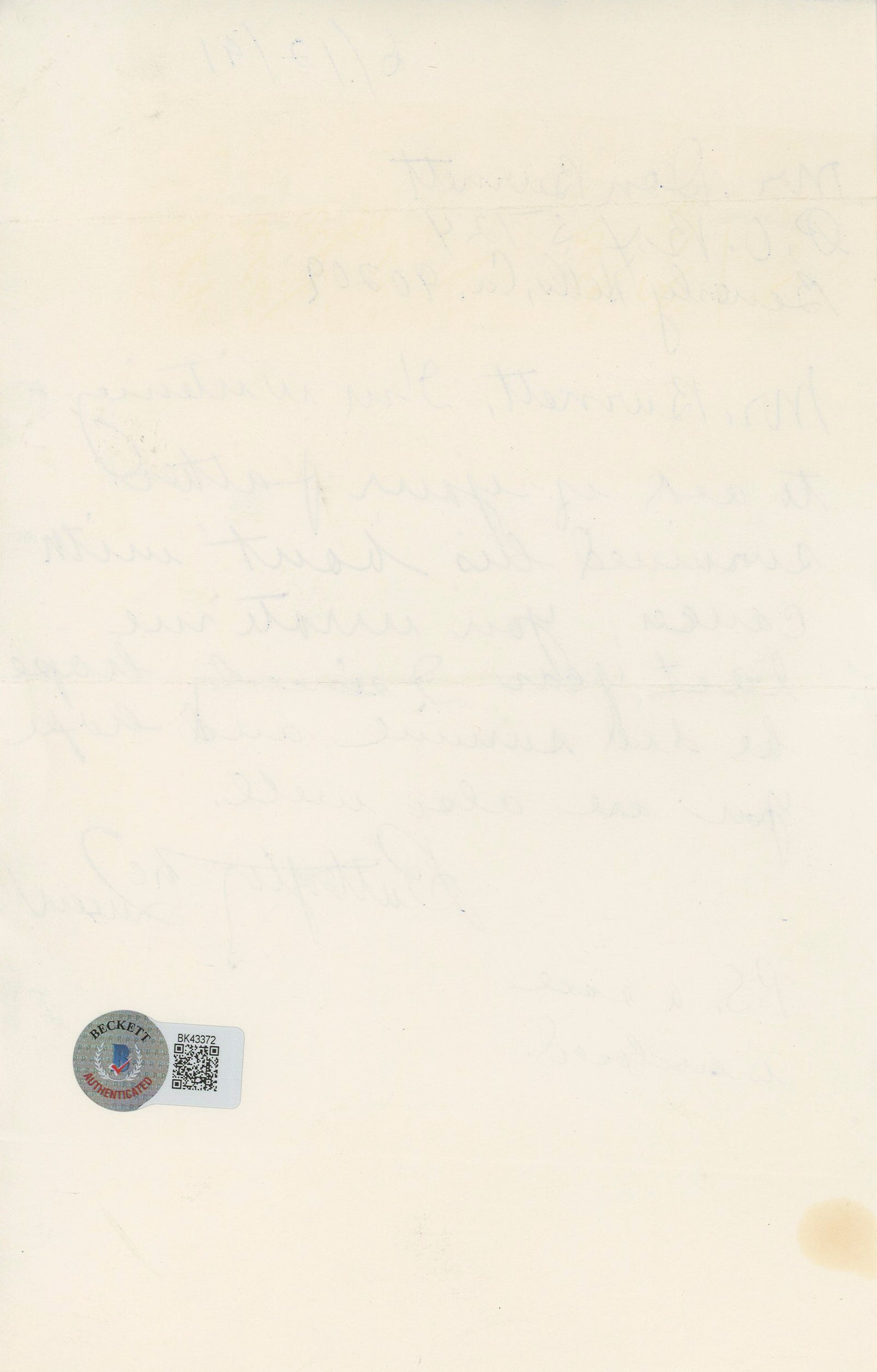 Butterfly McQueen Gone w/ the Wind Signed 5x8.5 Handwritten Letter BAS #BK43372