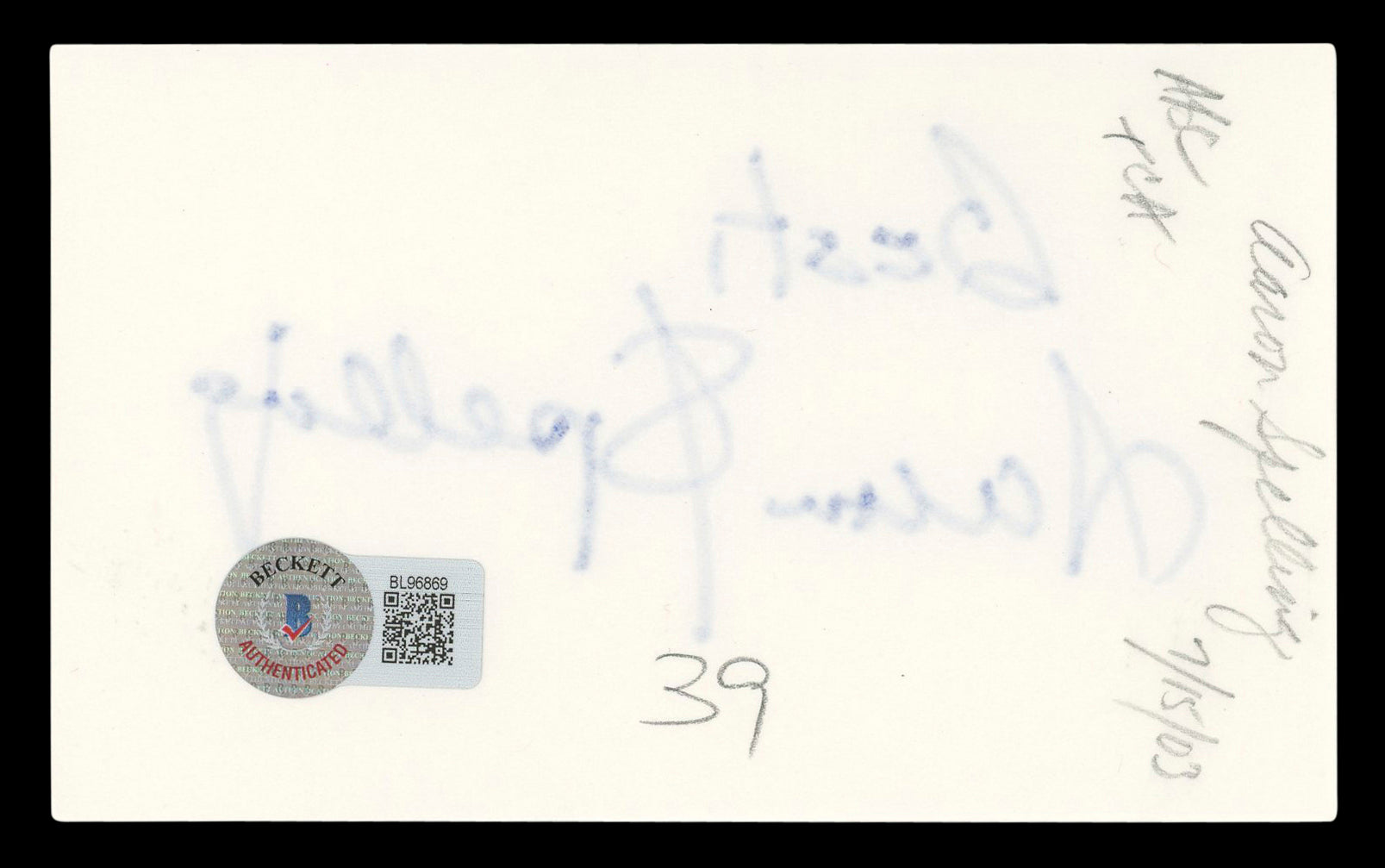 Aaron Spelling Charlie's Angels "Best" Signed 3x5 Index Card BAS #BL96869