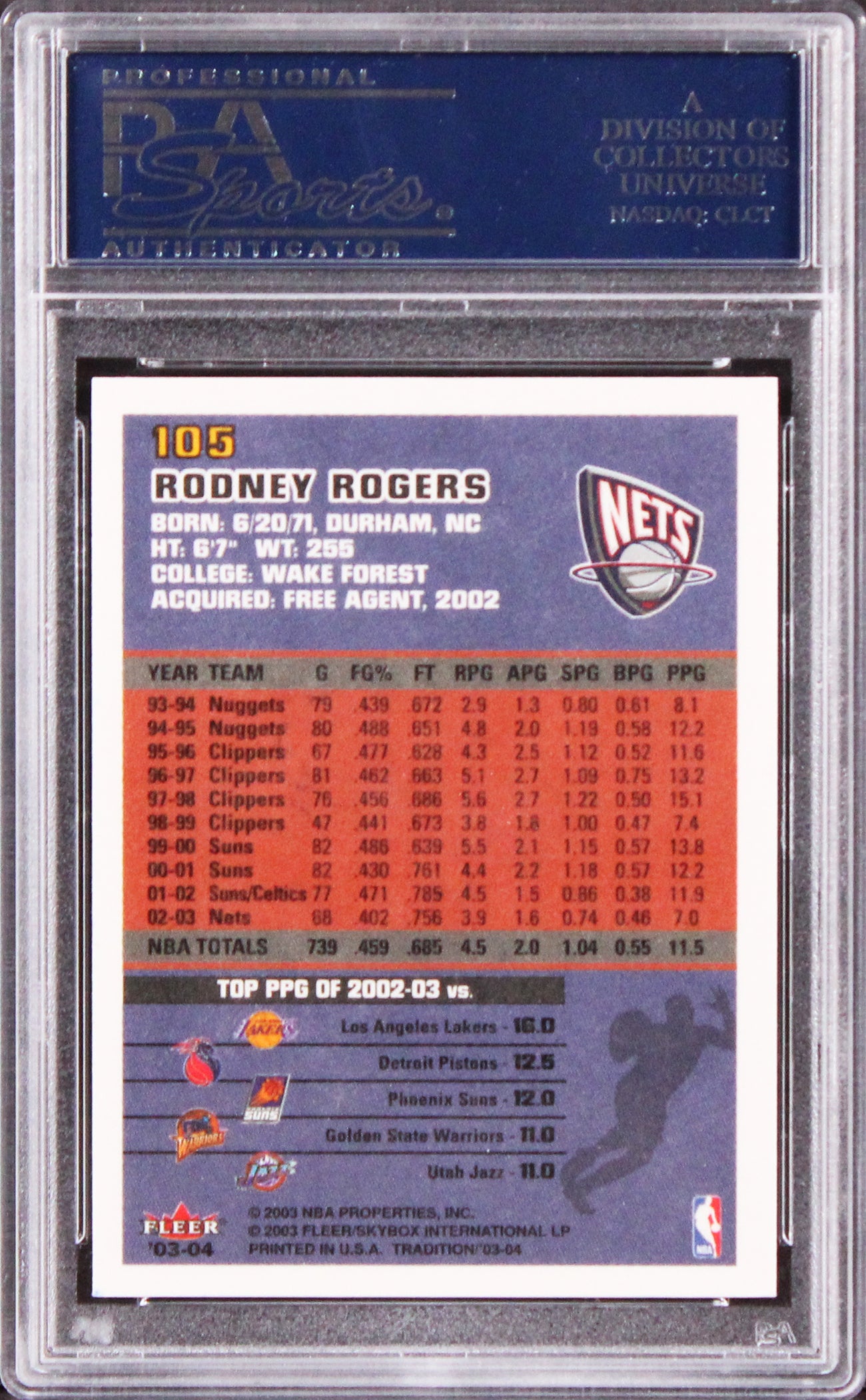 Nets Rodney Rogers Authentic Signed 2003 Fleer #105 Card PSA/DNA Slabbed