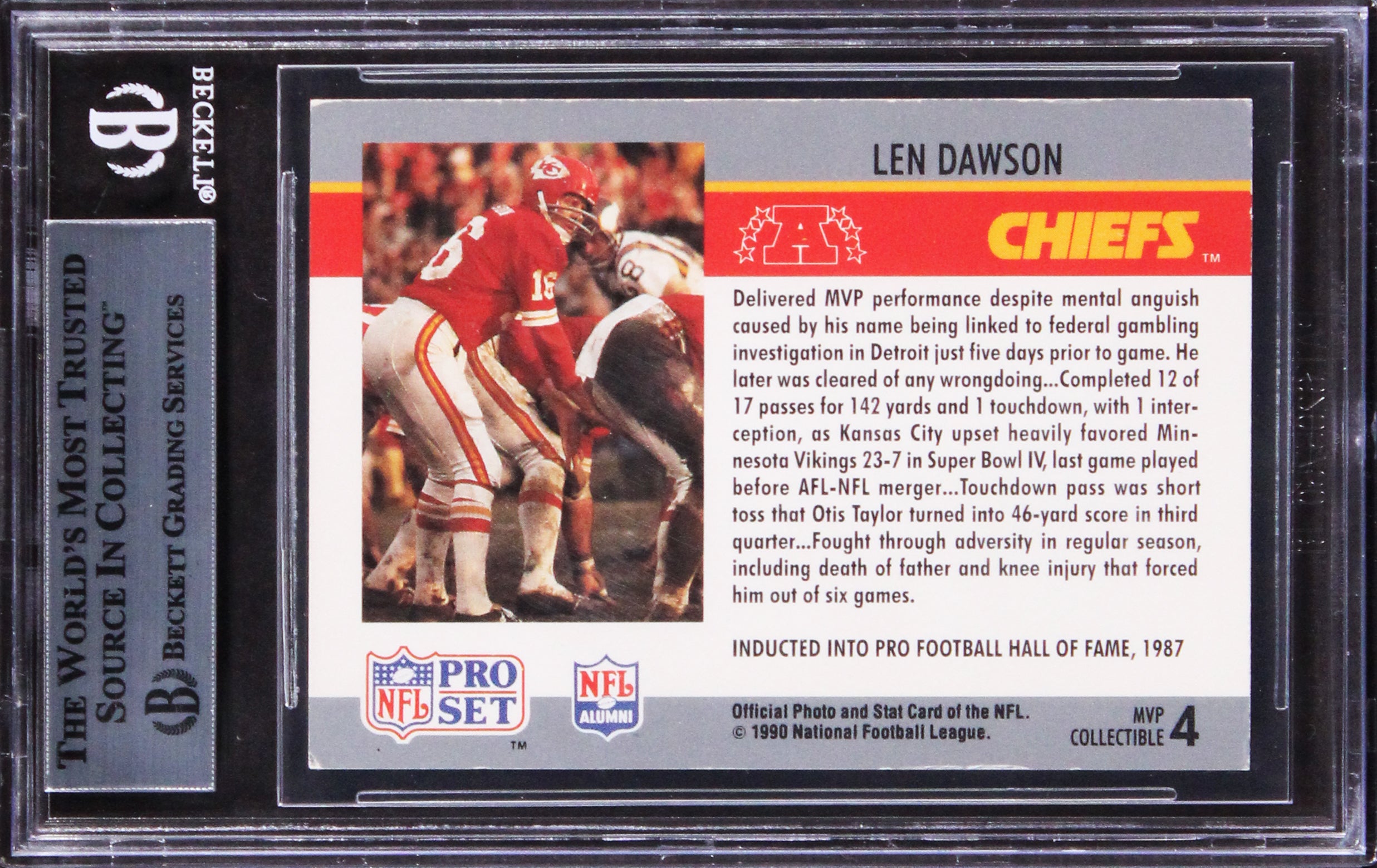 Chiefs Len Dawson Signed 1990 Pro Set Super Bowl MVP'S #4 Card BAS Slabbed