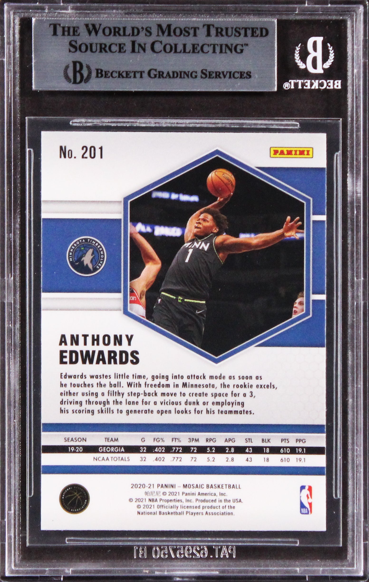 Timberwolves Anthony Edwards Signed 2020 Panini Mosaic #201 Card BAS Slabbed