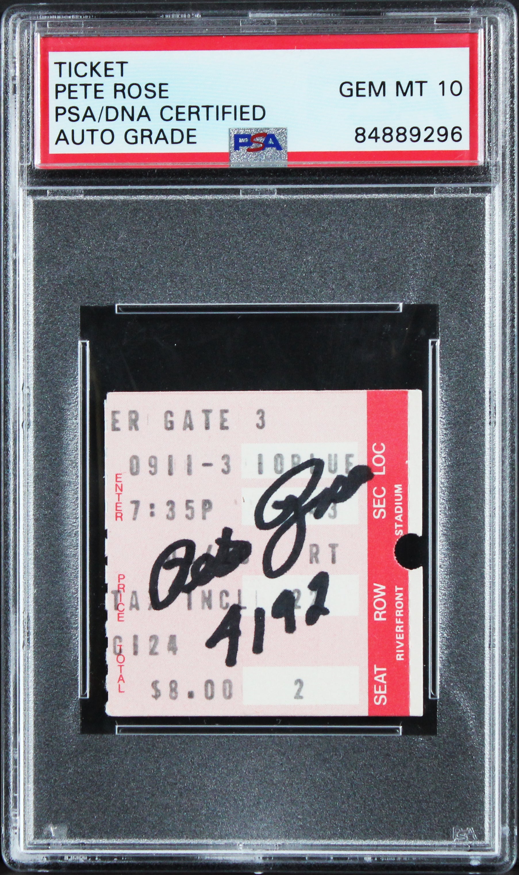 Pete Rose "4192" Signed Career Hit Record Breaking Ticket Stub Auto 10! PSA Slab