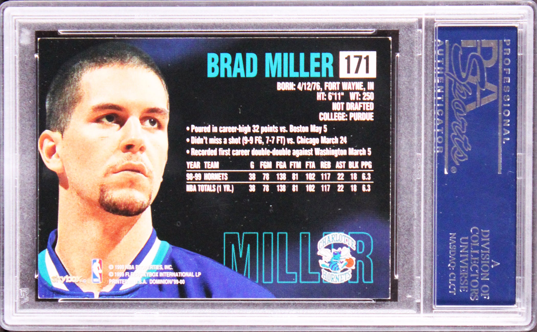 Hornets Brad Miller Authentic Signed 1999 Skybox Dominion #171 Card PSA/DNA Slab