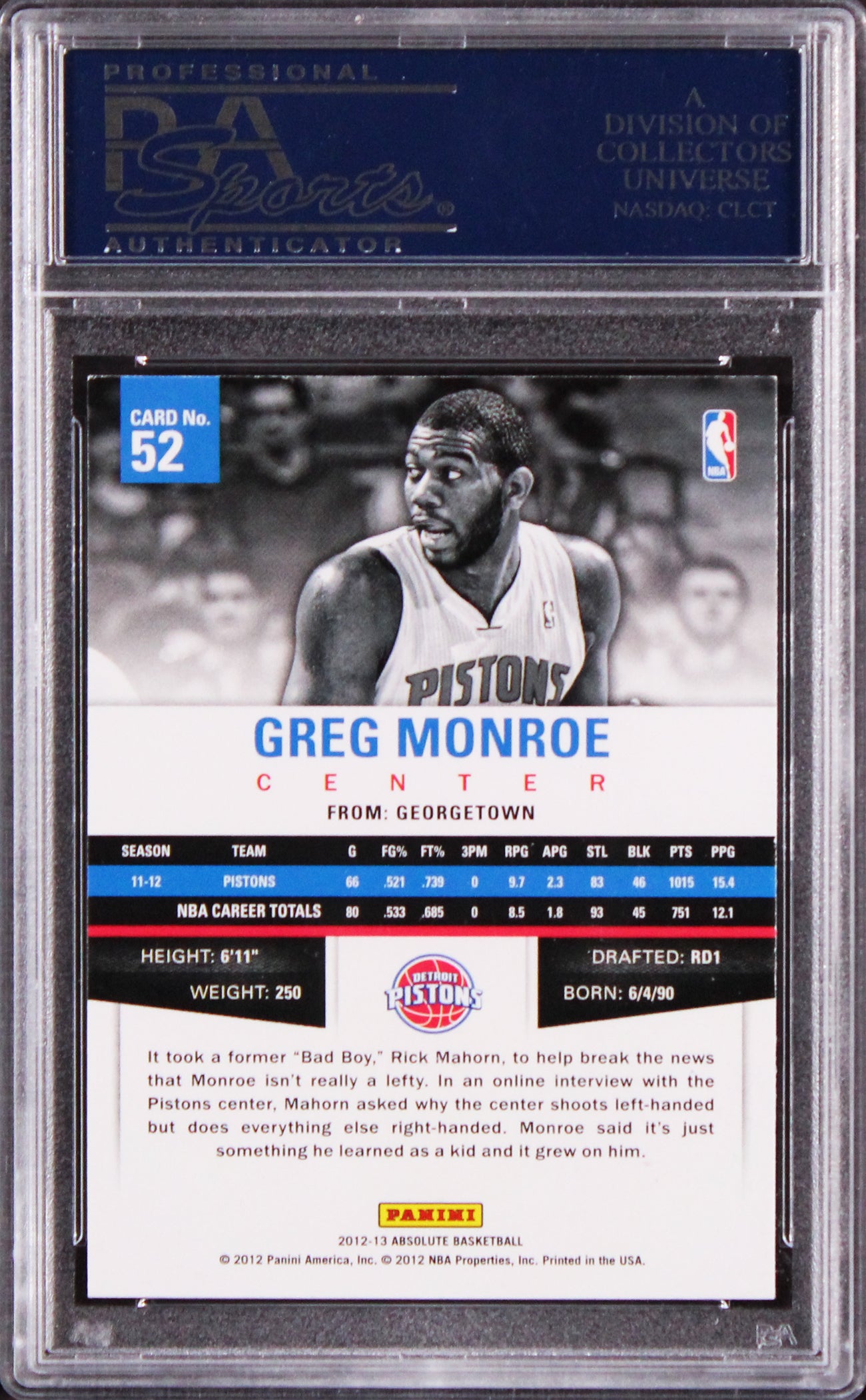 Pistons Greg Monroe Authentic Signed 2012 Panini Absolute #52 Card PSA/DNA Slab