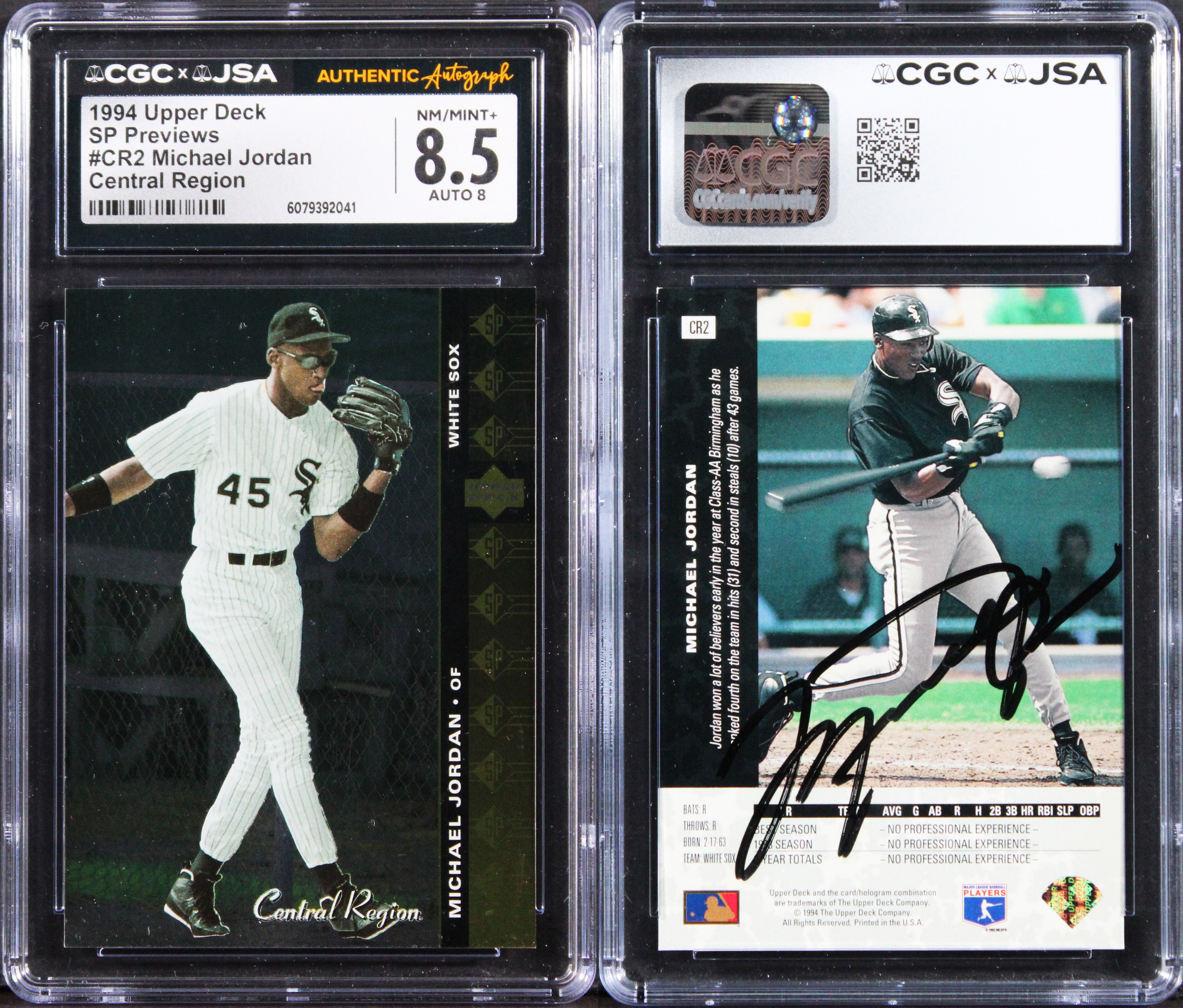 White Sox Michael Jordan Signed 1994 UD SP Previews #CR2 RC 8.5 Auto 8 CGC Slab