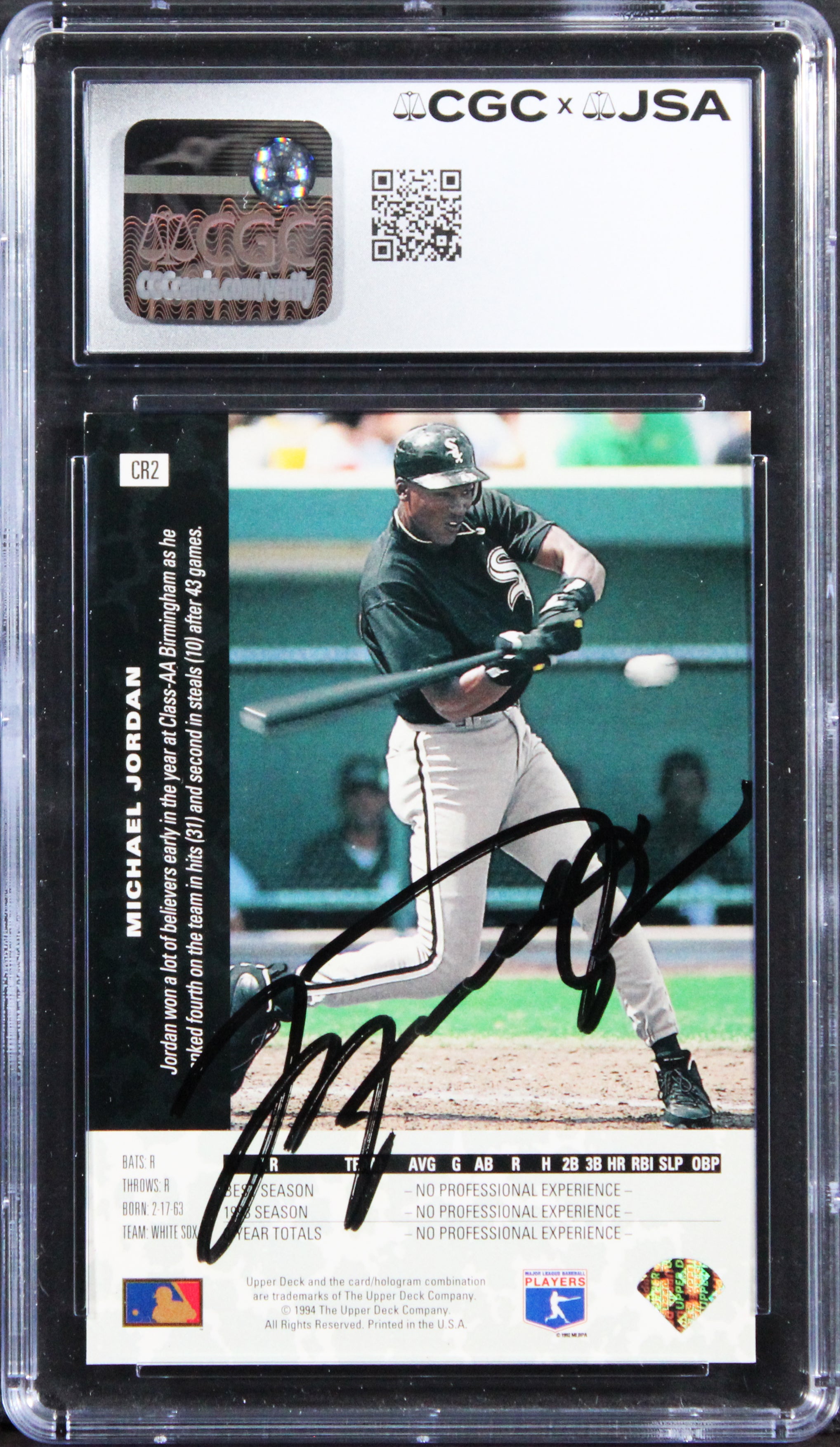 White Sox Michael Jordan Signed 1994 UD SP Previews #CR2 RC 8.5 Auto 8 CGC Slab