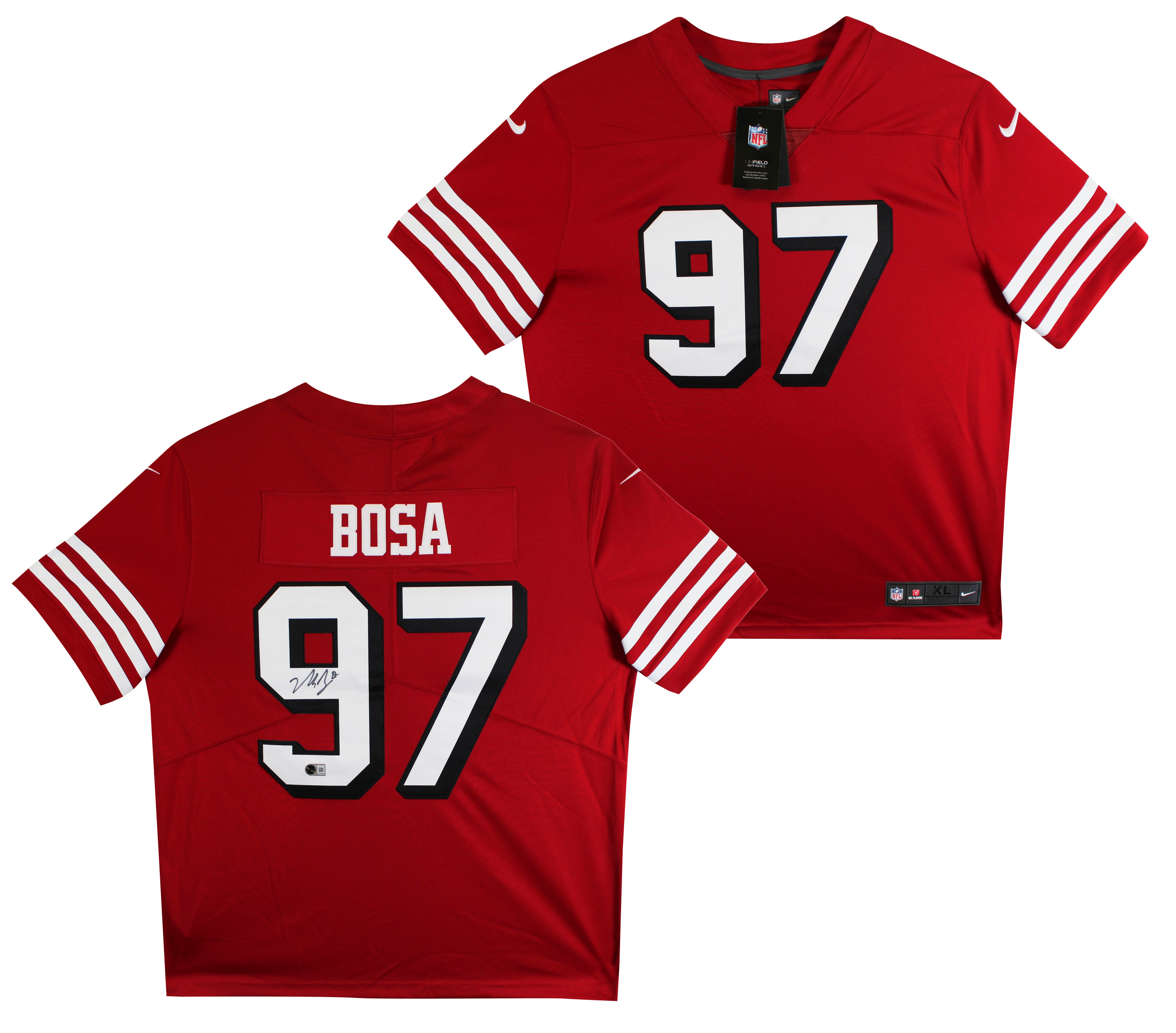 49ers Nick Bosa Signed Red Nike Elite Jersey w/ Dropshadow BAS Witnessed