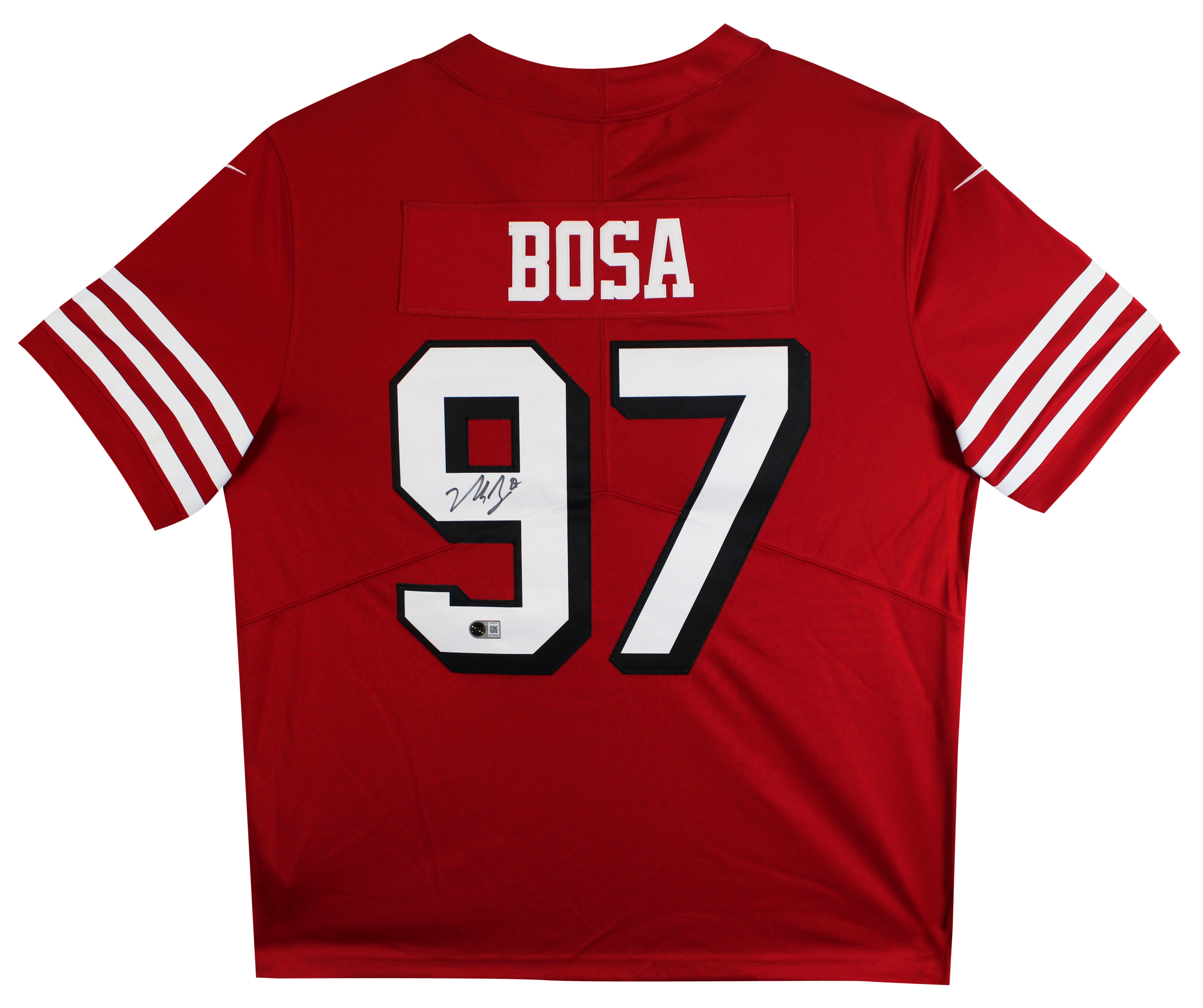 49ers Nick Bosa Signed Red Nike Elite Jersey w/ Dropshadow BAS Witnessed
