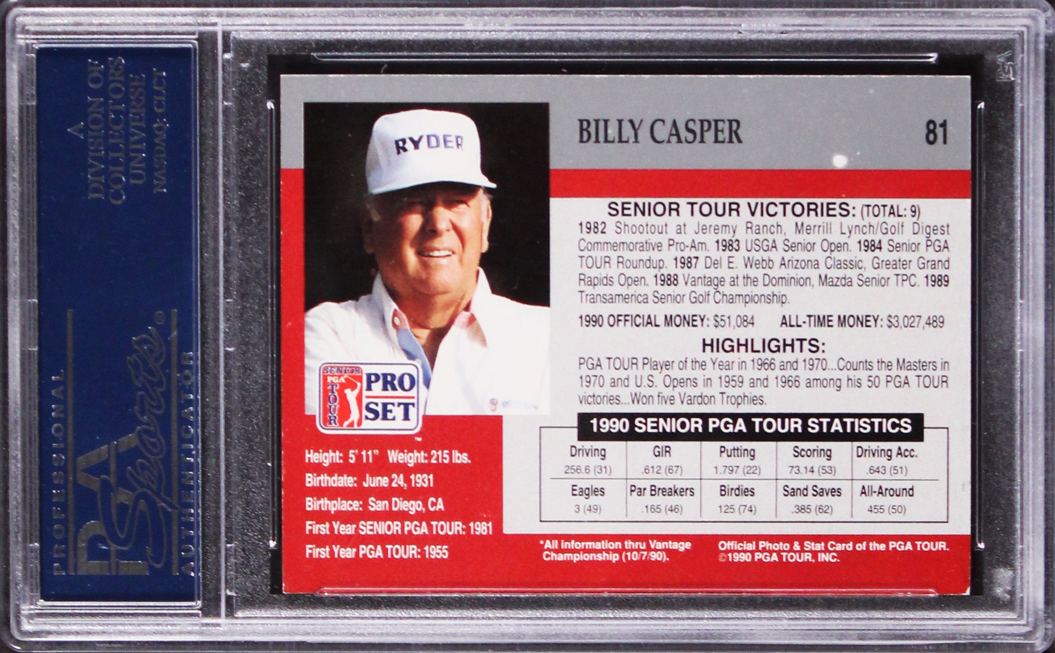 Billy Casper Authentic Signed 1990 Pro Set PGA Tour #81 Card PSA/DNA Slabbed