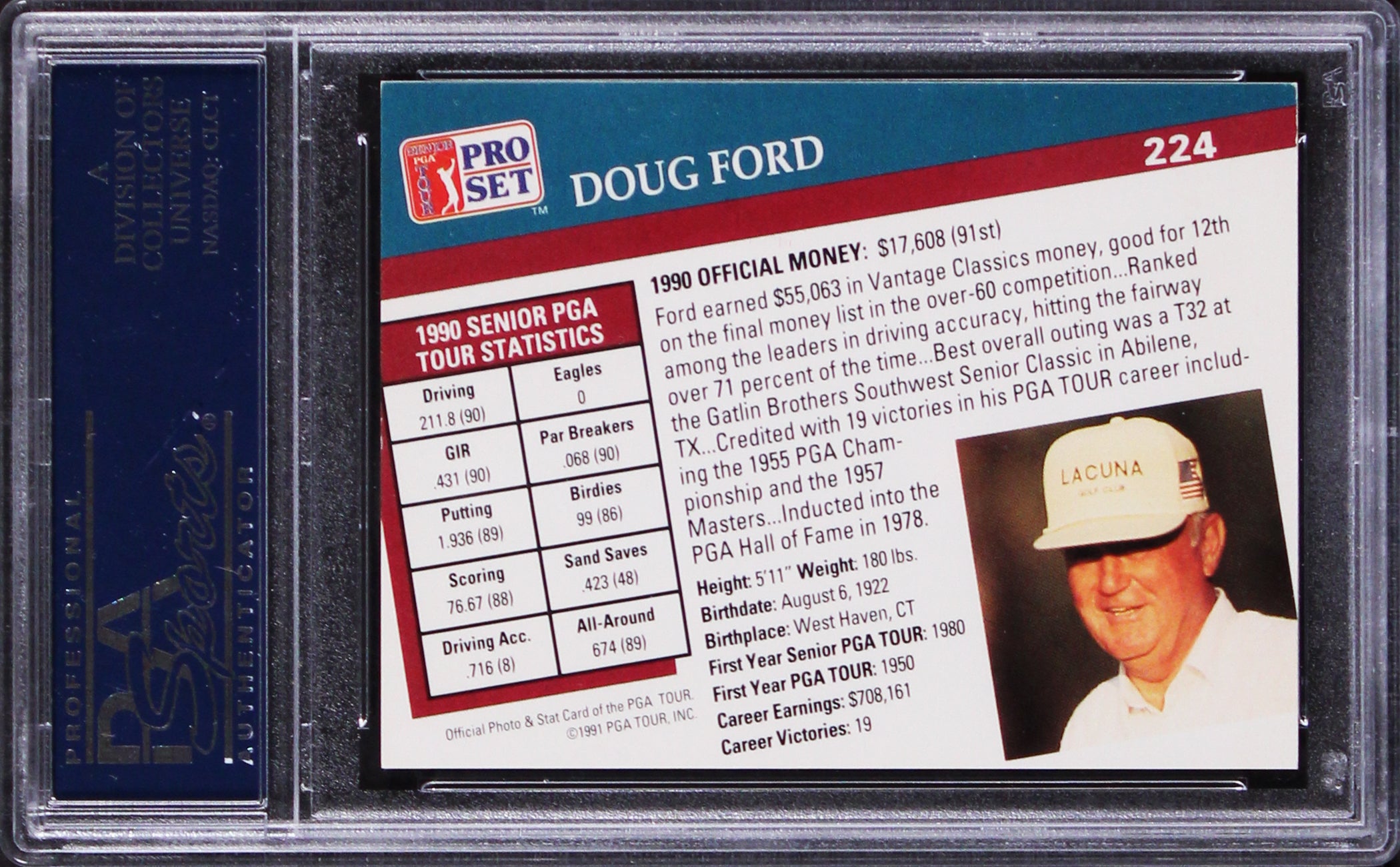 Doug Ford Authentic Signed 1991 Pro Set PGA Tour #224 Card PSA/DNA Slabbed