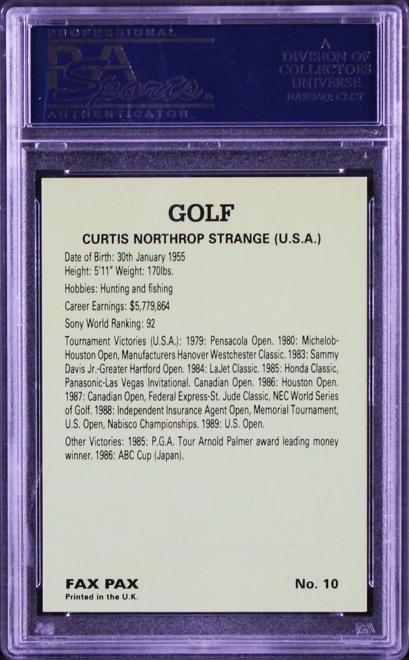 Curtis Strange Authentic Signed Trading Card Fax Pax Golf #10 PSA/DNA Slabbed