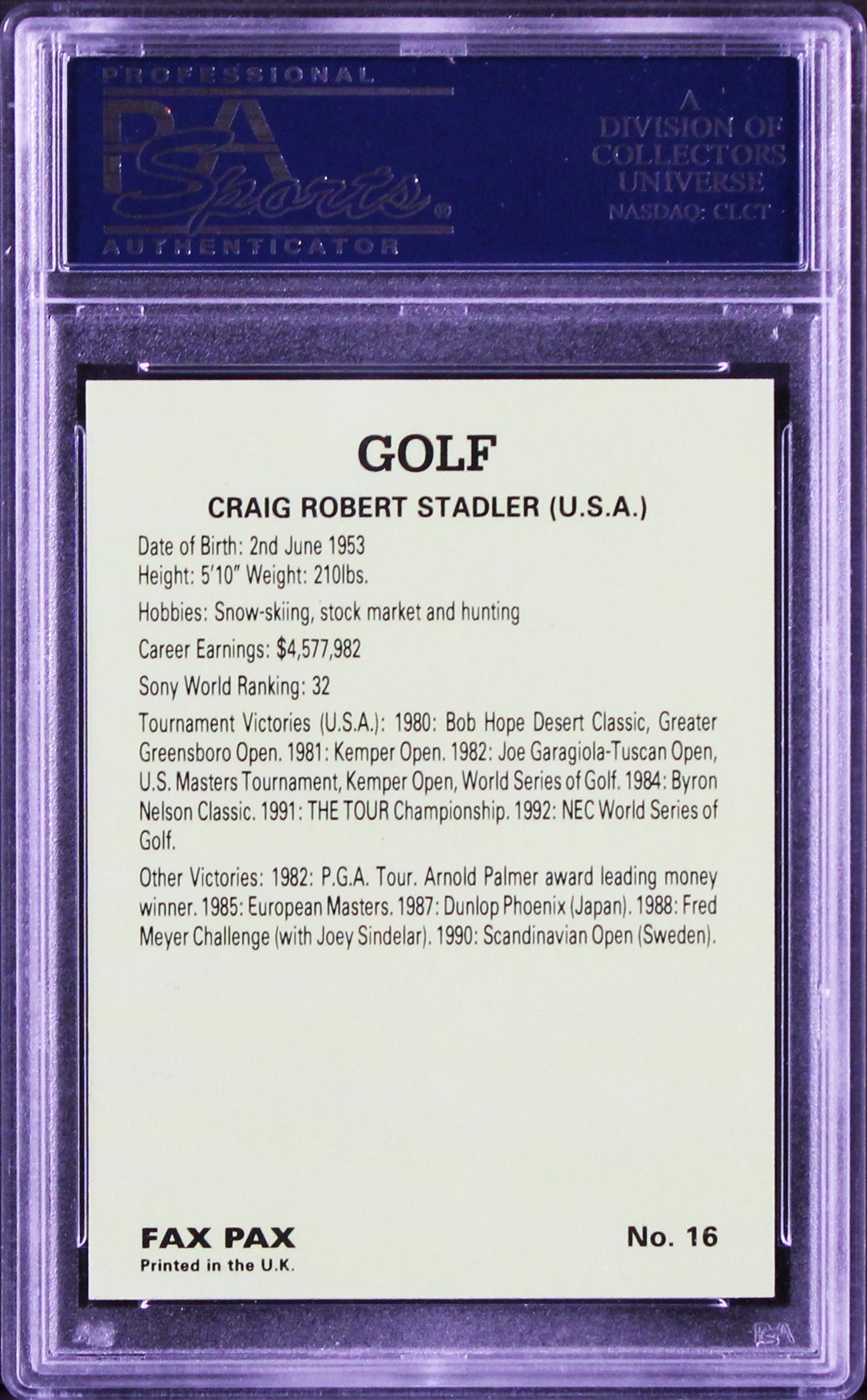 Craig Stradler Authentic Signed Trading Card Fax Pax Golf #16 PSA/DNA Slabbed