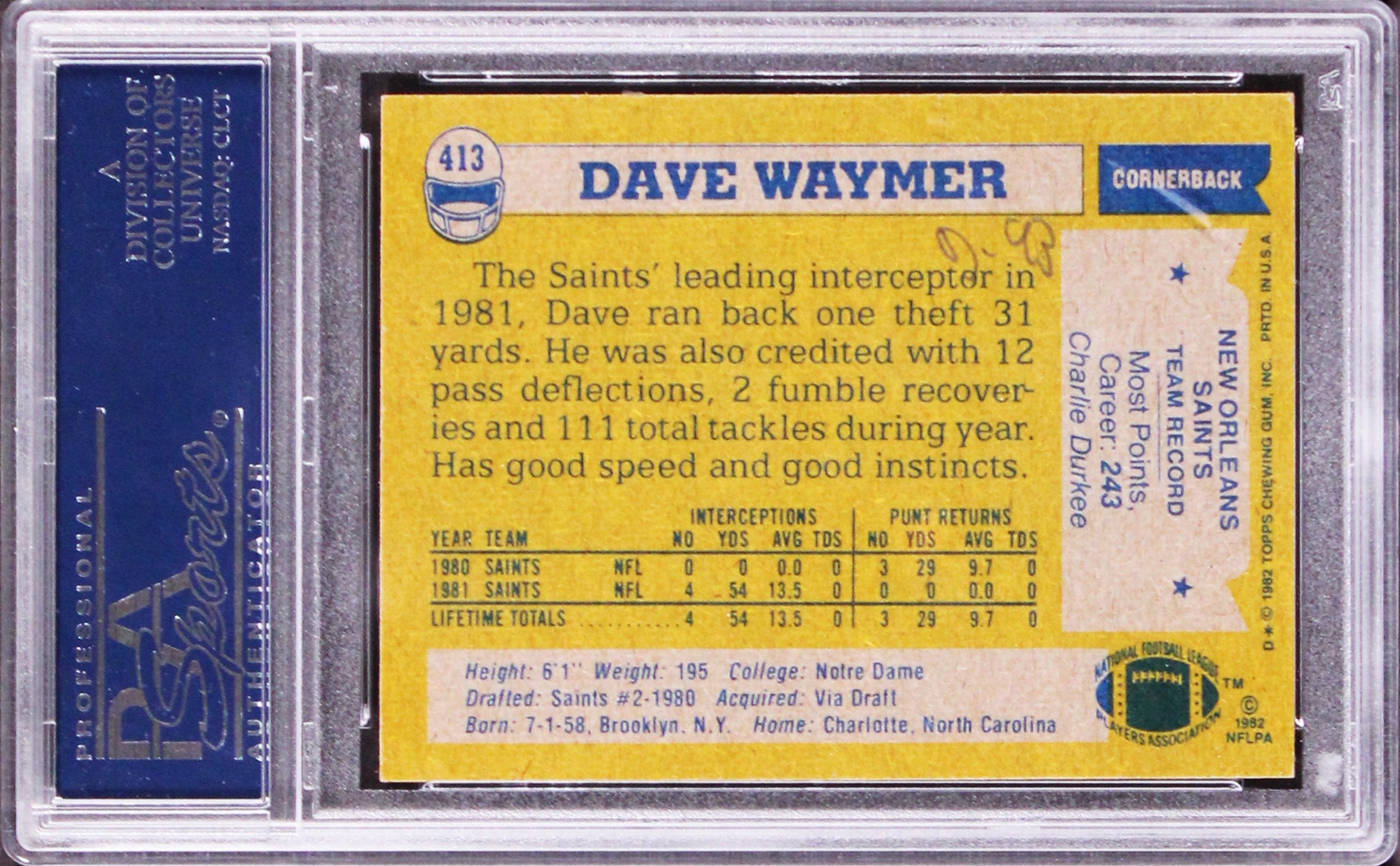 Saints Dave Waymer Authentic Signed 1982 Topps #413 Card PSA/DNA Slabbed