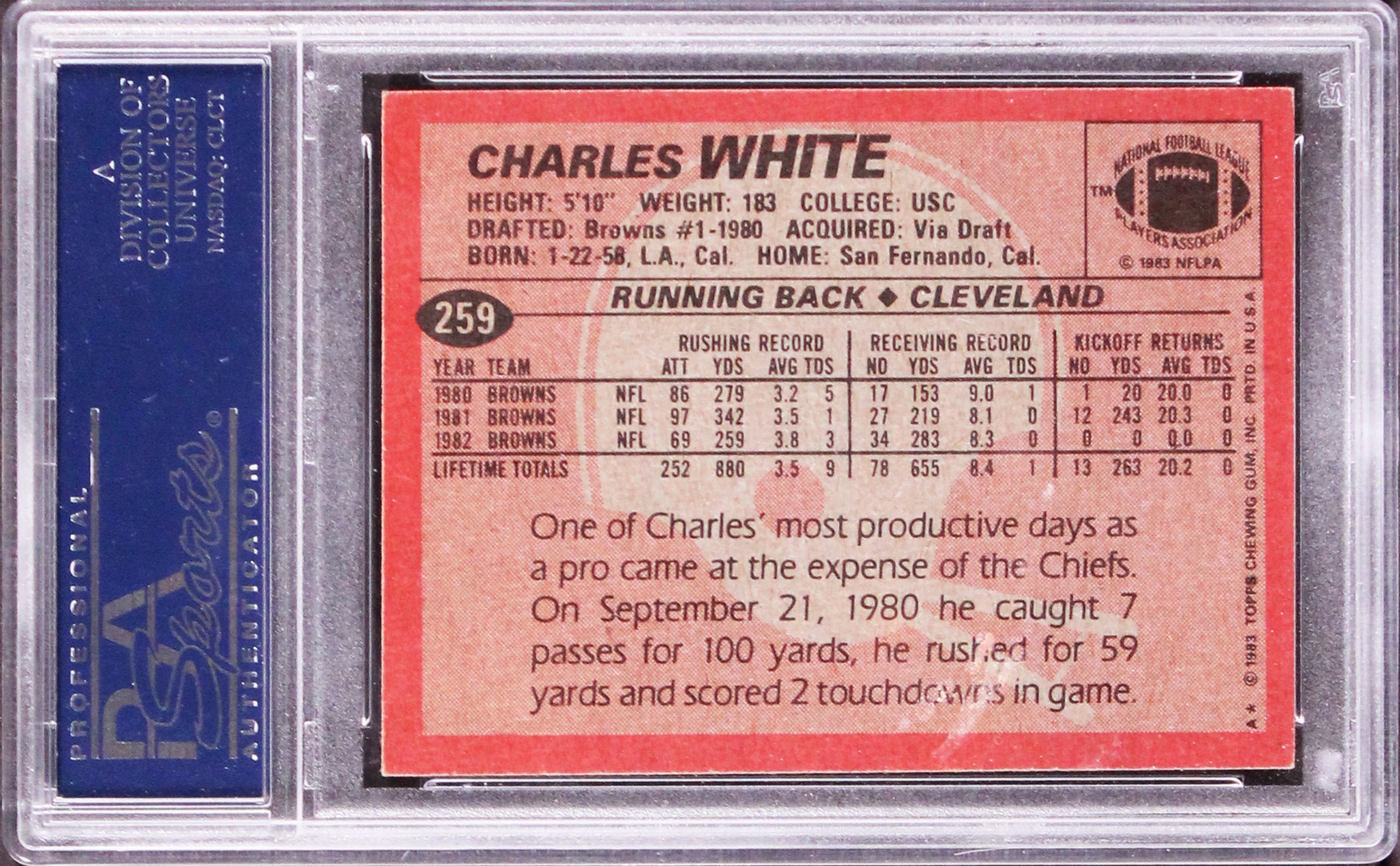 Browns Charles White Authentic Signed 1983 Topps #259 Card PSA/DNA Slabbed