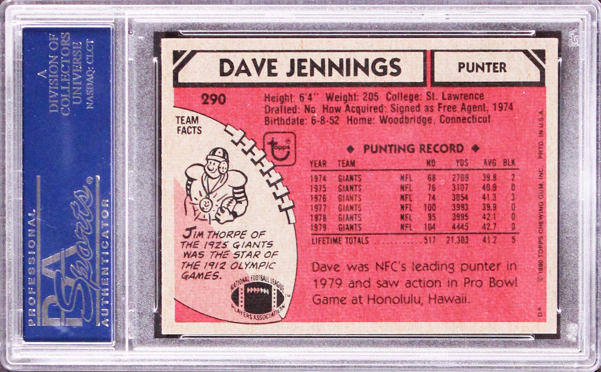 Giants Dave Jennings Authentic Signed 1980 Topps #290 Card PSA/DNA Slabbed