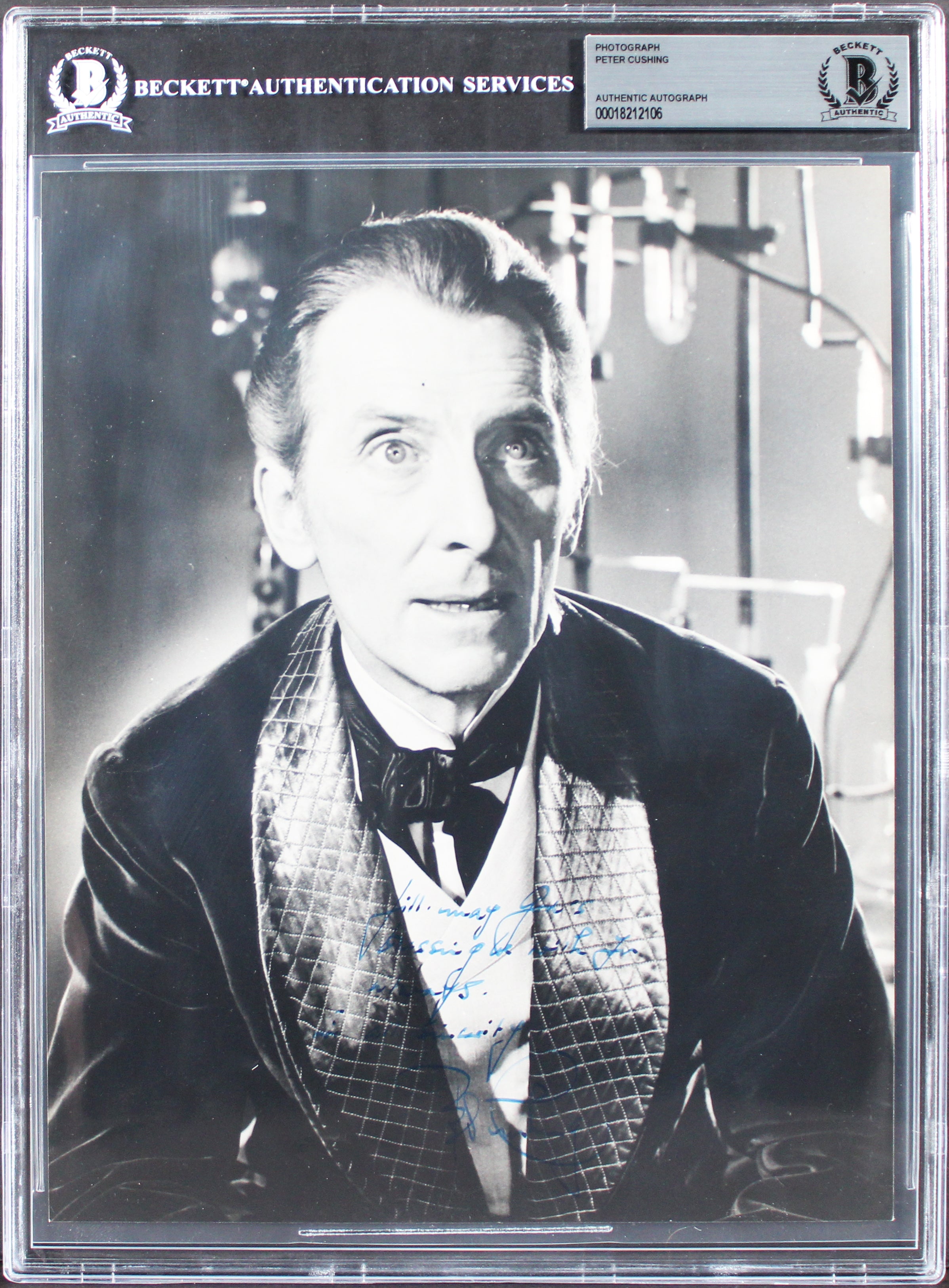Peter Cushing Frankenstein "God's Blessings" Signed 8x10 Photo BAS Slabbed