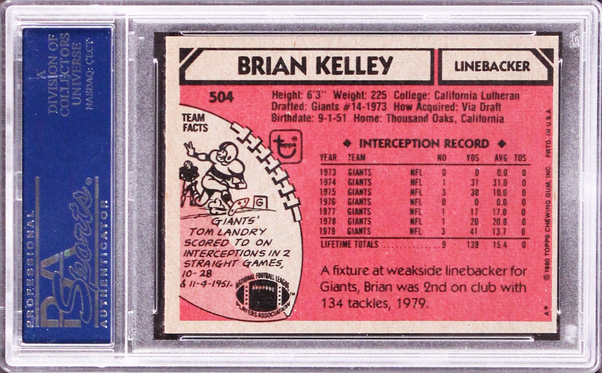 Giants Brian Kelley Authentic Signed 1980 Topps #504 Card PSA/DNA Slabbed