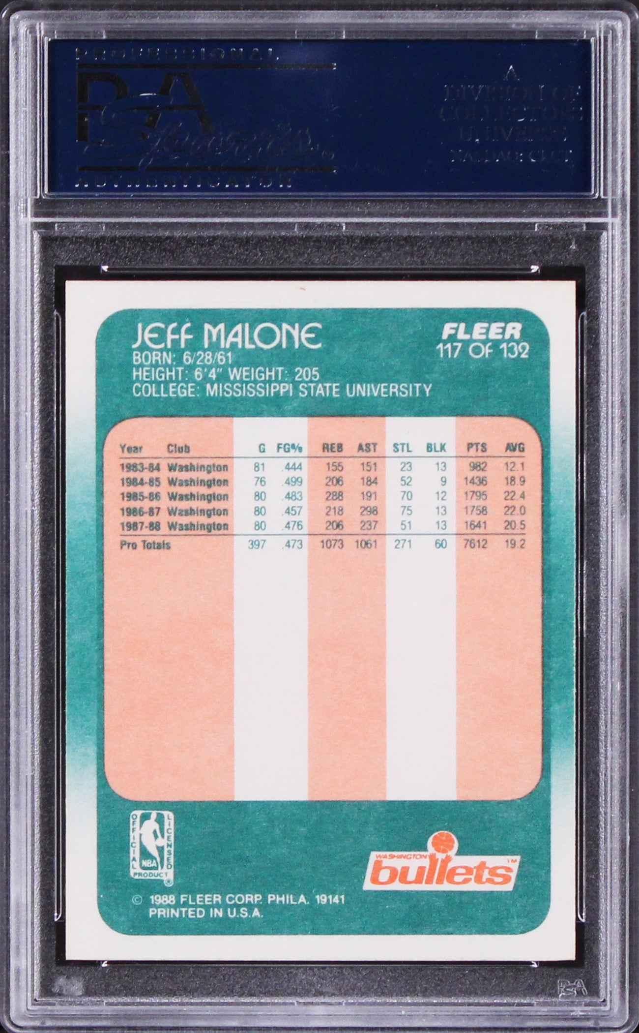 Bullets Jeff Malone Authentic Signed 1988 Fleer #117 Card PSA/DNA Slabbed